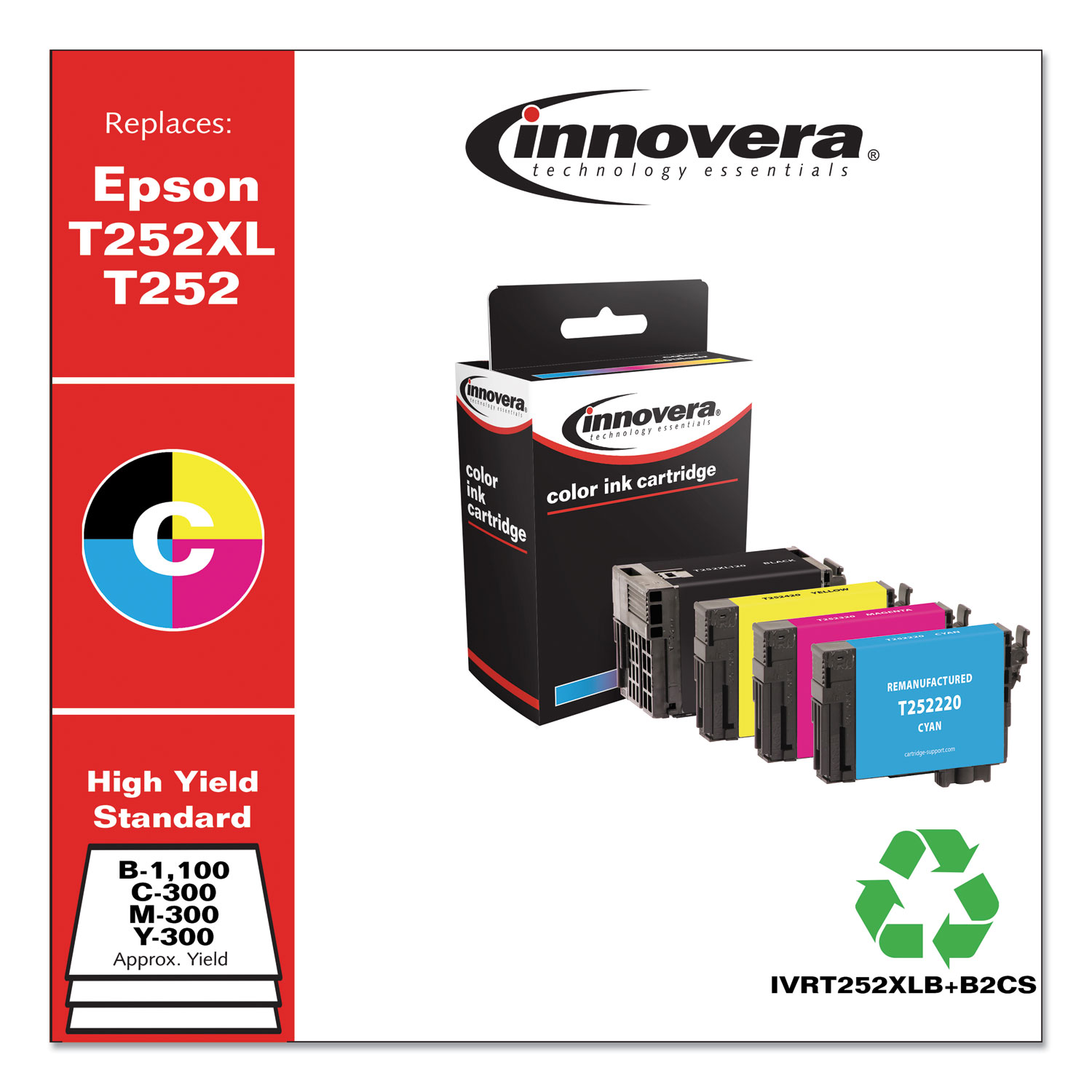  Innovera IVRT252XLBCS Remanufactured Black/Cyan/Magenta/Yellow Ink, Replacement for Epson T252XL/T252 (T252XL-BCS), 1,100/300 Page-Yield (IVRT252XLBCS) 
