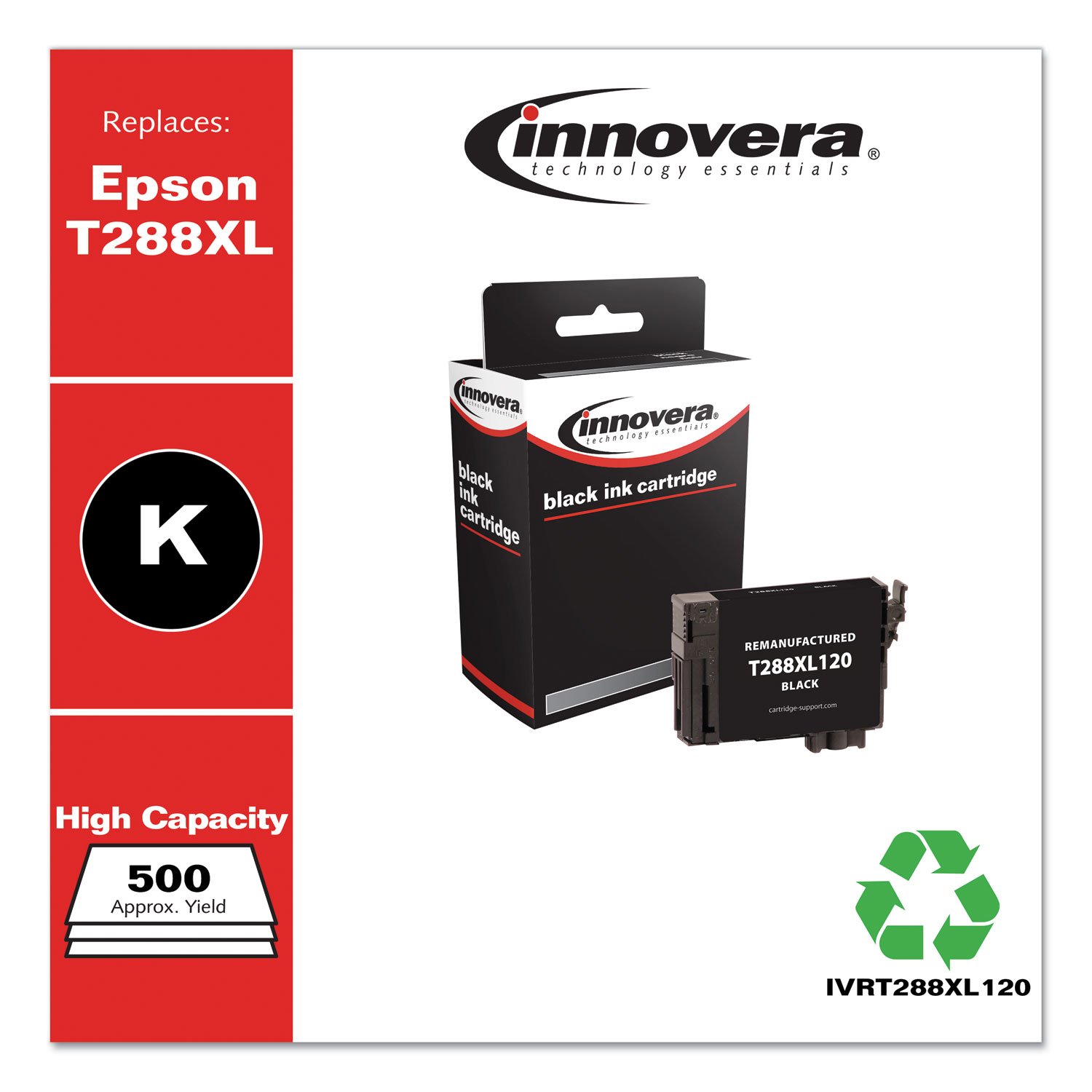  Innovera IVRT288XL120 Remanufactured Black High-Yield Ink, Replacement for Epson T288XL (T288XL120), 500 Page-Yield (IVRT288XL120) 