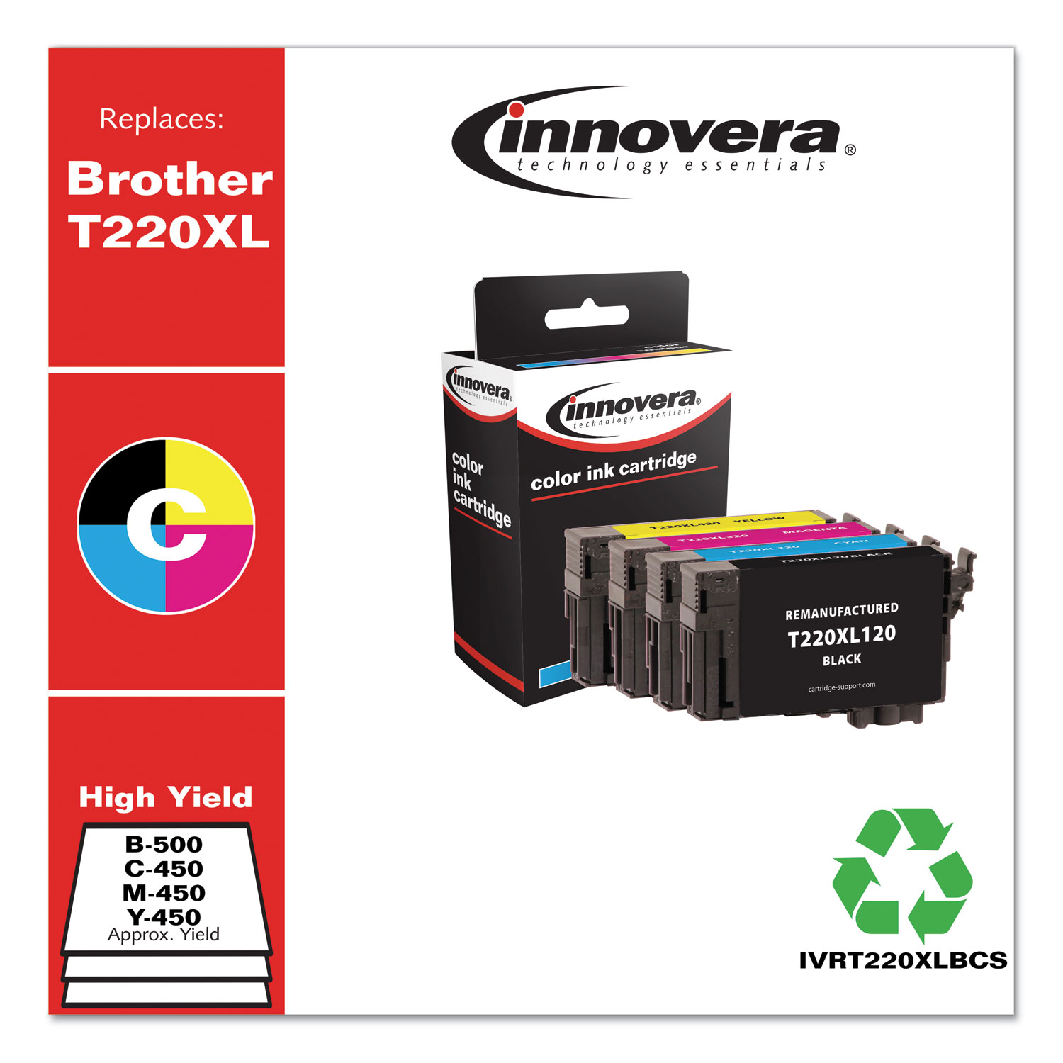  Innovera IVRT220XLBCS Remanufactured Black/Cyan/Magenta/Yellow Ink, Replacement for Epson T220XL (T220XL120/220/320/420), 500/450 Page-Yield (IVRT220XLBCS) 
