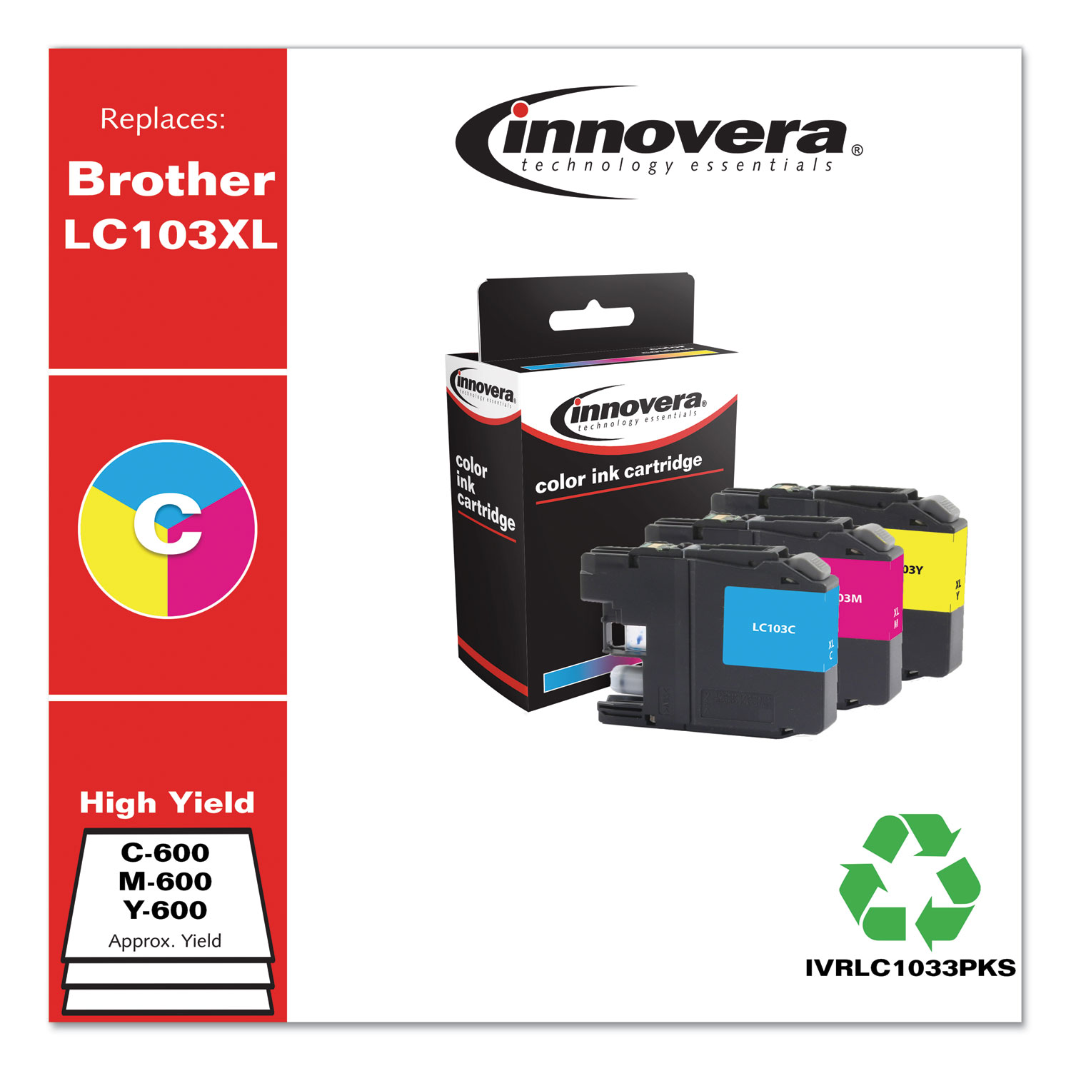  Innovera IVRLC1033PKS Compatible Cyan/Magenta/Yellow High-Yield Ink, Replacement for Brother LC1033PKS, 600 Page-Yield (IVRLC1033PKS) 