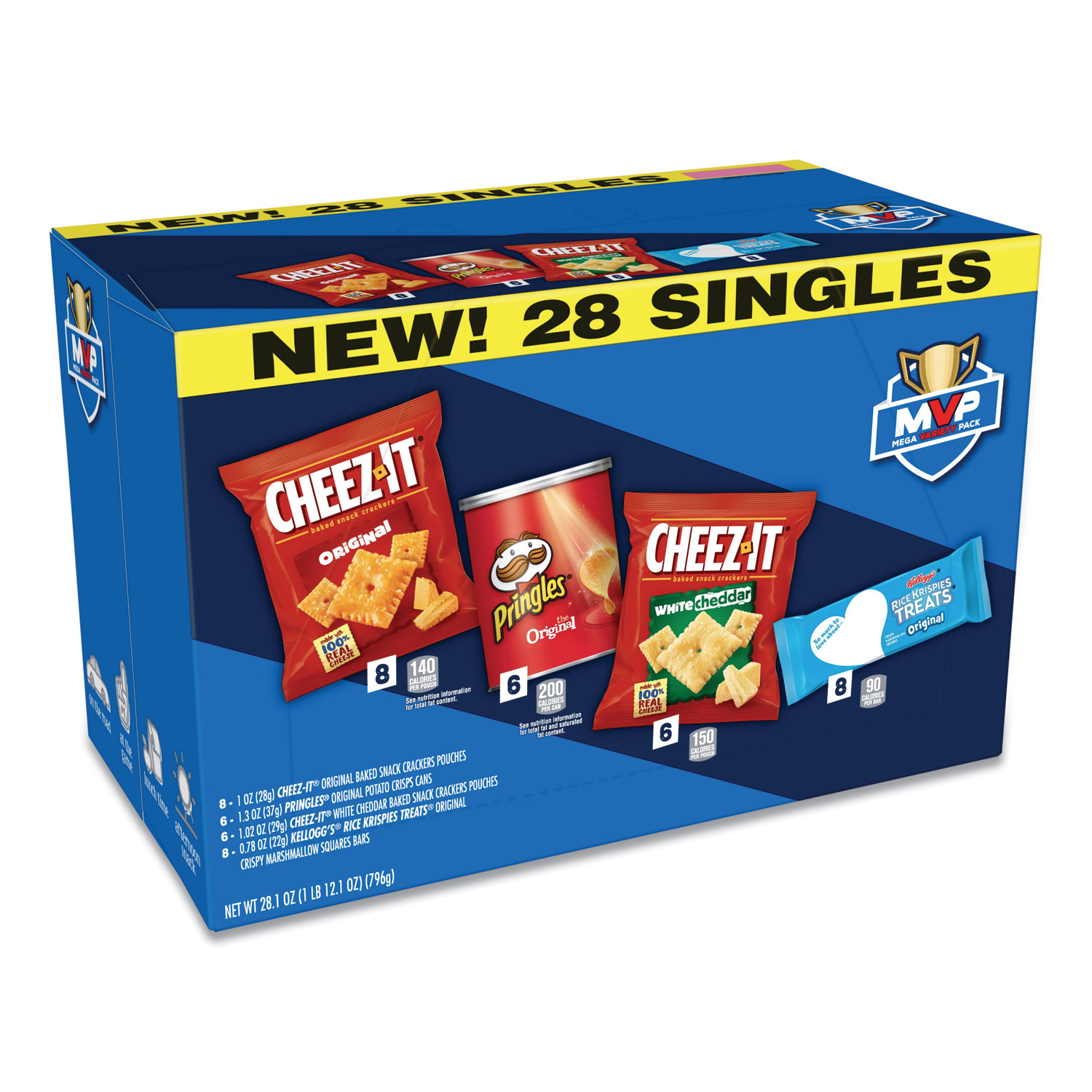  Kellogg's 2410011461 MVP Singles Variety Pack, Cheez-it Original/White Cheddar; Pringles Original; Rice Krispies Treats, 28.1 oz, 28/Box (KEB11461) 