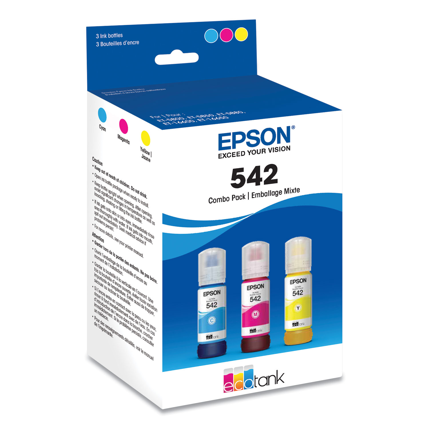  Epson T542520S T542520S (T542) EcoTank Ultra High-Capacity Ink Bottles, Cyan/Magenta/Yellow (EPST542520S) 