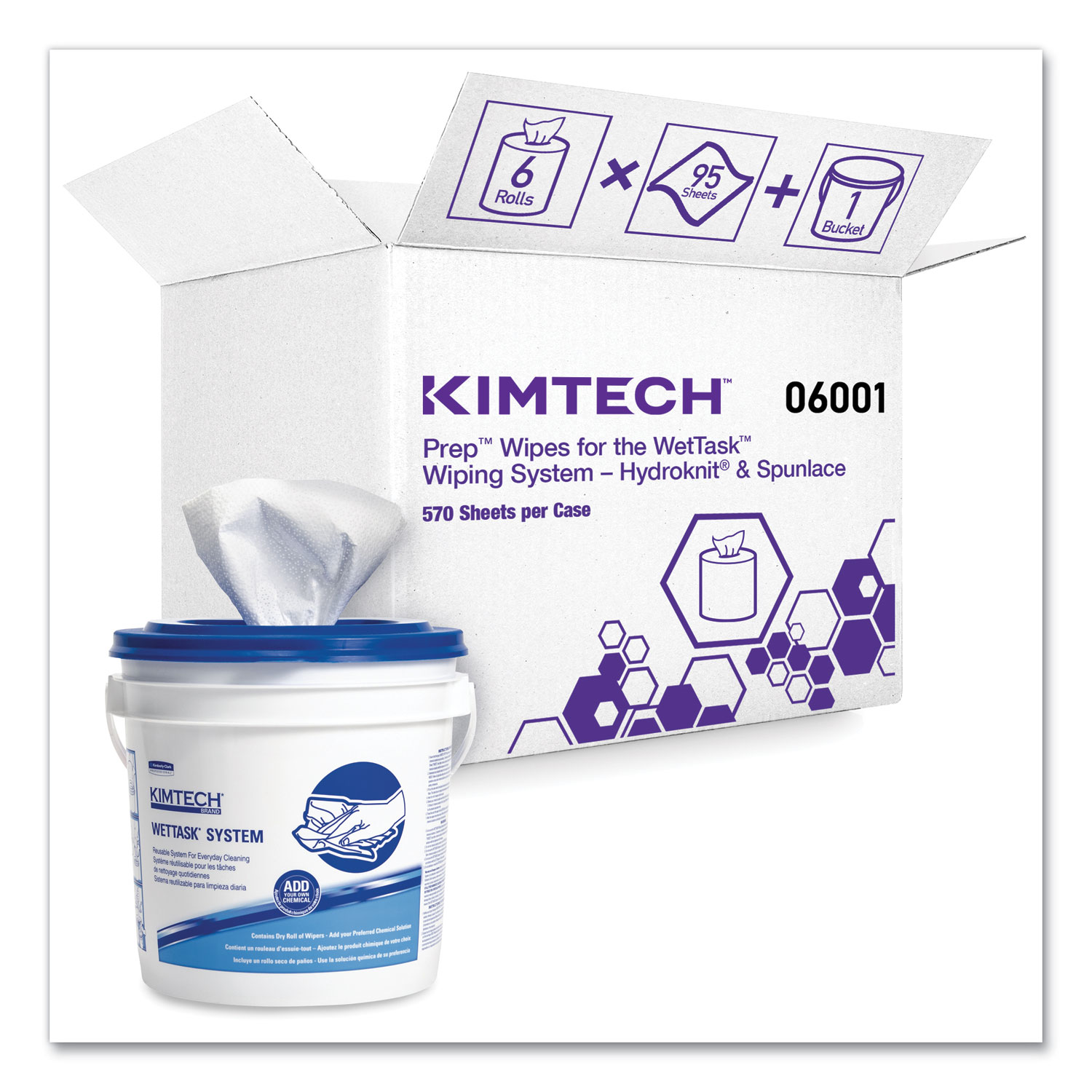 Kimtech™ Wipers for WETTASK System, Bleach, Disinfectants and Sanitizers, 6 x 12, 570/Roll, 6 Rolls and 1 Bucket/Carton