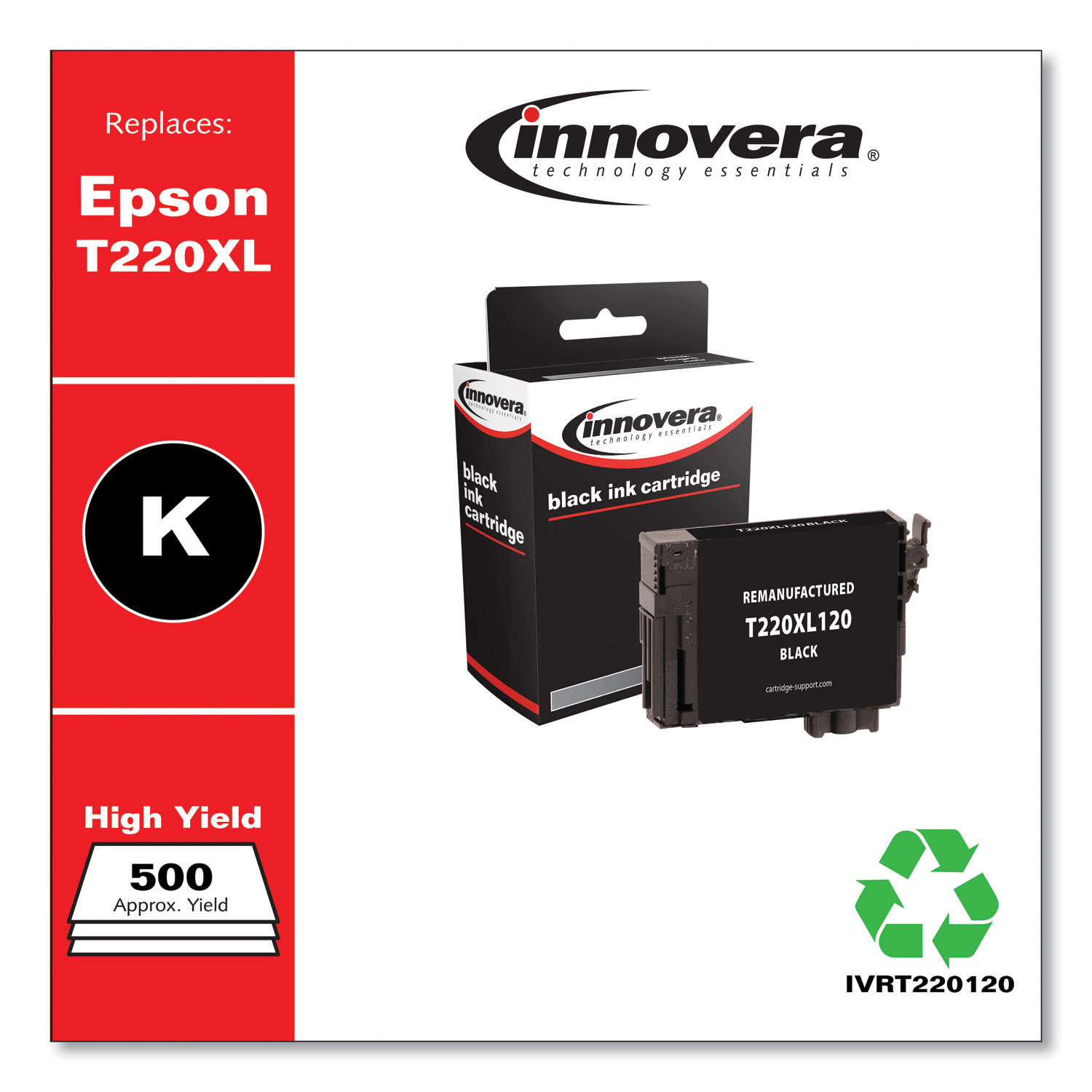  Innovera IVRT220120 Remanufactured Black High-Yield Ink, Replacement for Epson T220XL (T220XL120), 500 Page-Yield (IVRT220120) 