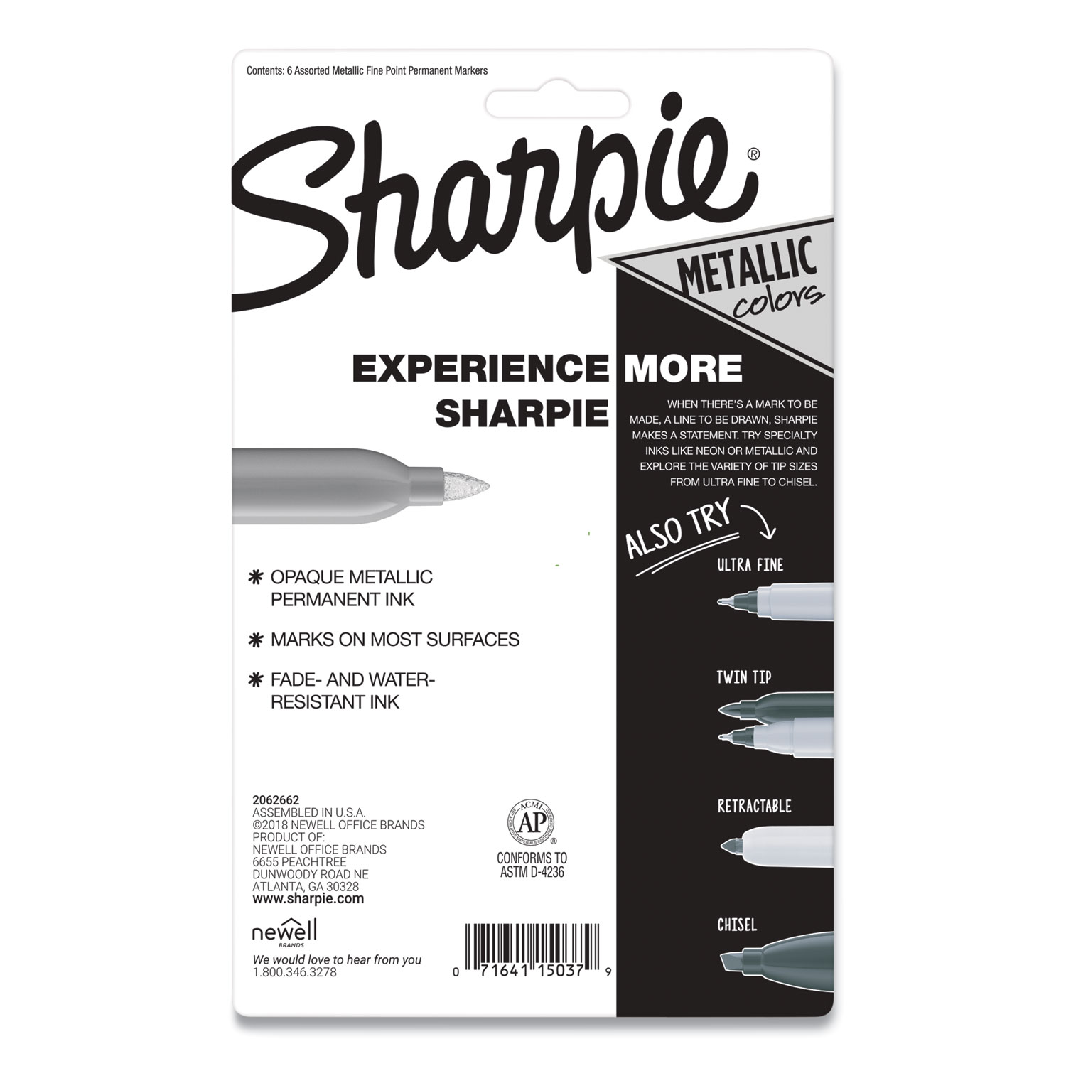 Sharpie Metallic Permanent Marker, Medium Chisel Tip, Assorted, 6/Pack