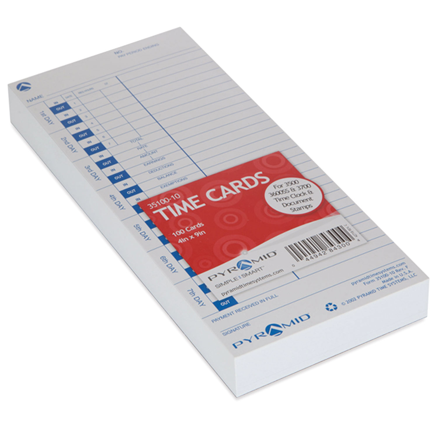  Pyramid Technologies 35100-10 Time Cards for 3000 Series Time Clocks, Weekly, 4 x 9, 100/Pack (PTI412757) 