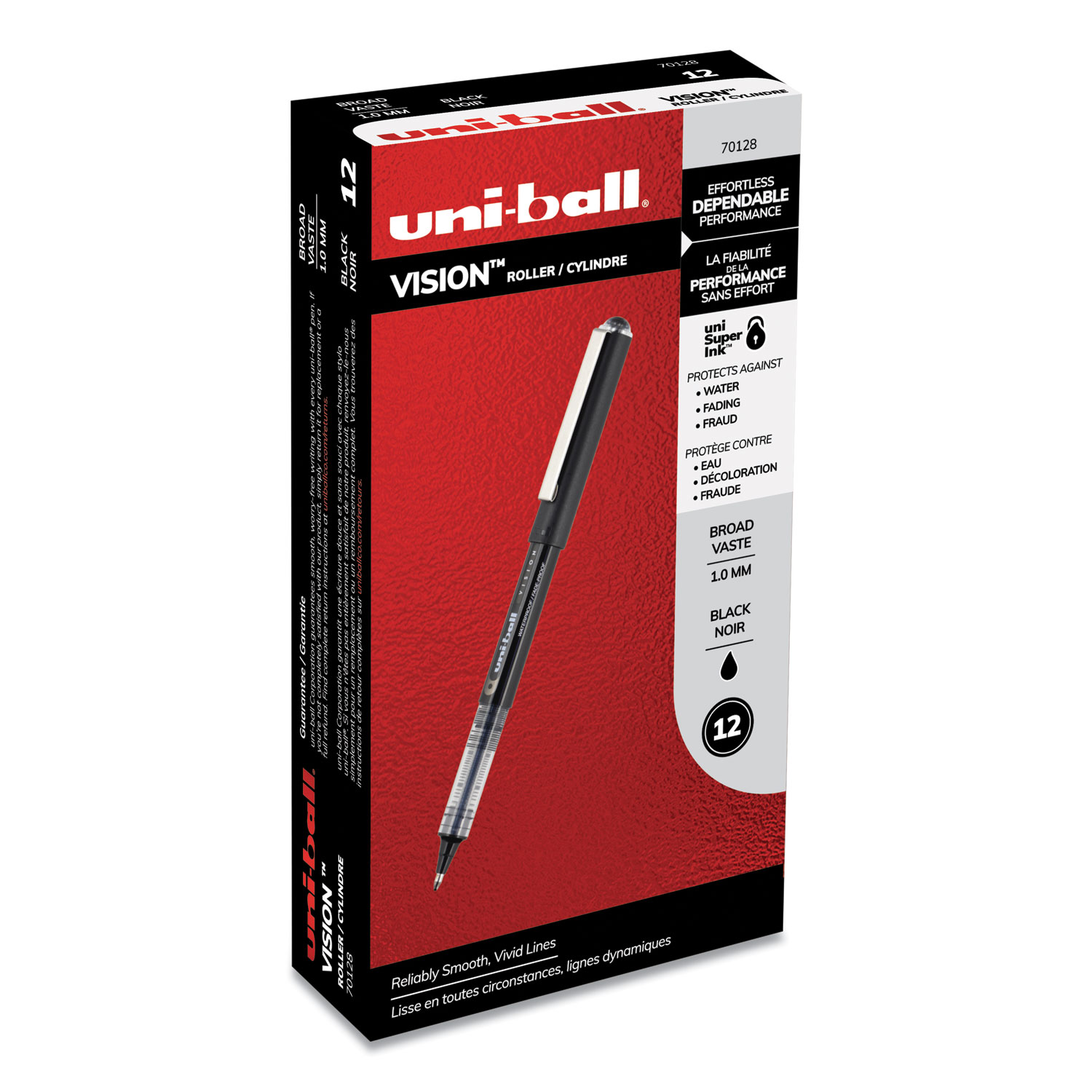  uni-ball 70128 VISION Roller Ball Pen, Bold 1 mm, Black Ink, Black Barrel, Dozen (UBC70128) 