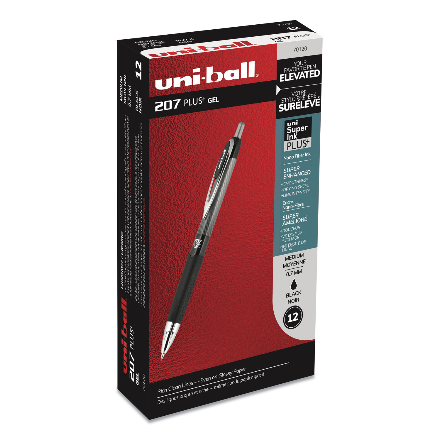 uni-ball® 207PLUS+ Gel Rollerball Pen, Medium 0.7 mm, Black Ink, Black Barrel, Dozen