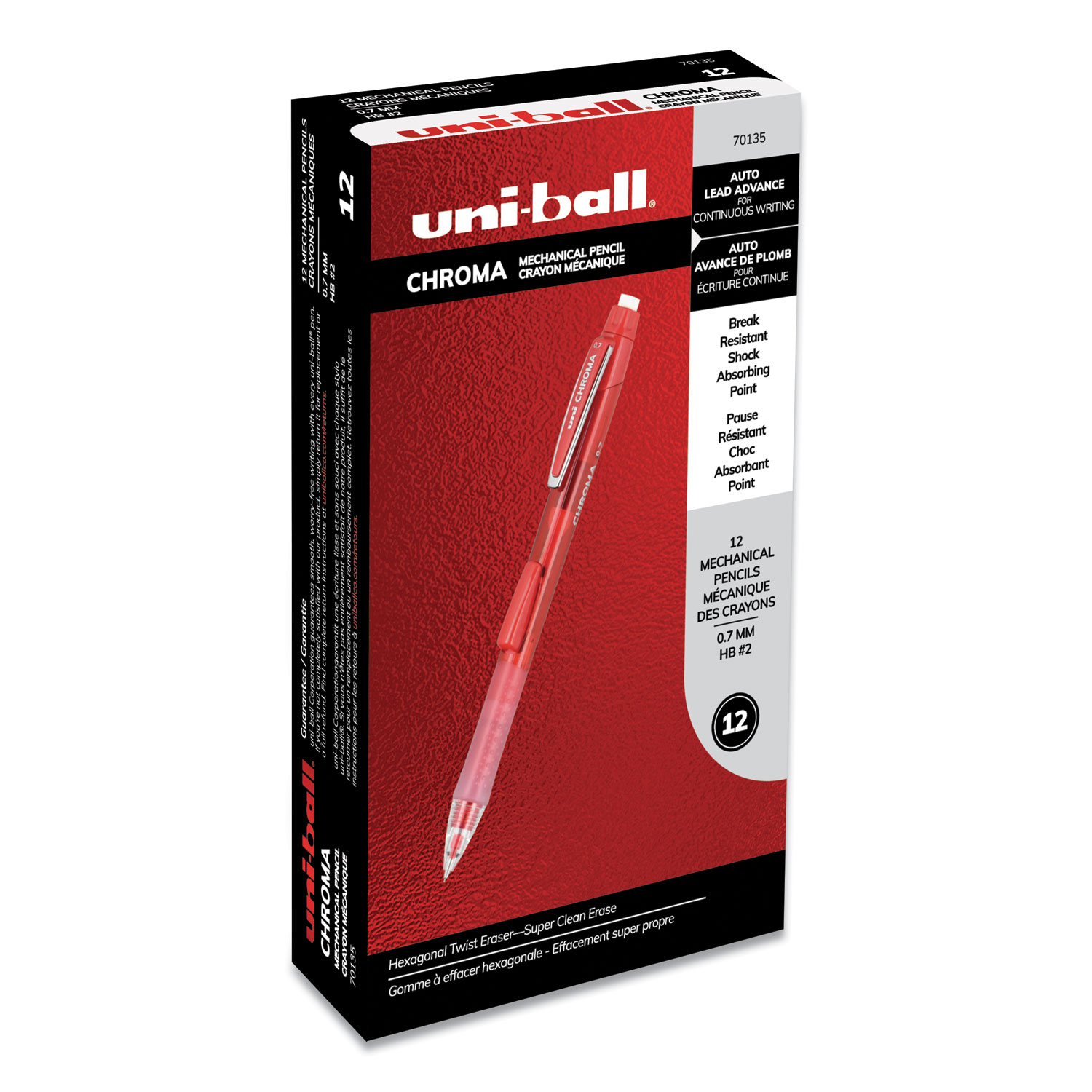 uni-ball® Chroma Mechanical Pencil, 0.7 mm, HB (#2), Black Lead, Red Barrel, Dozen