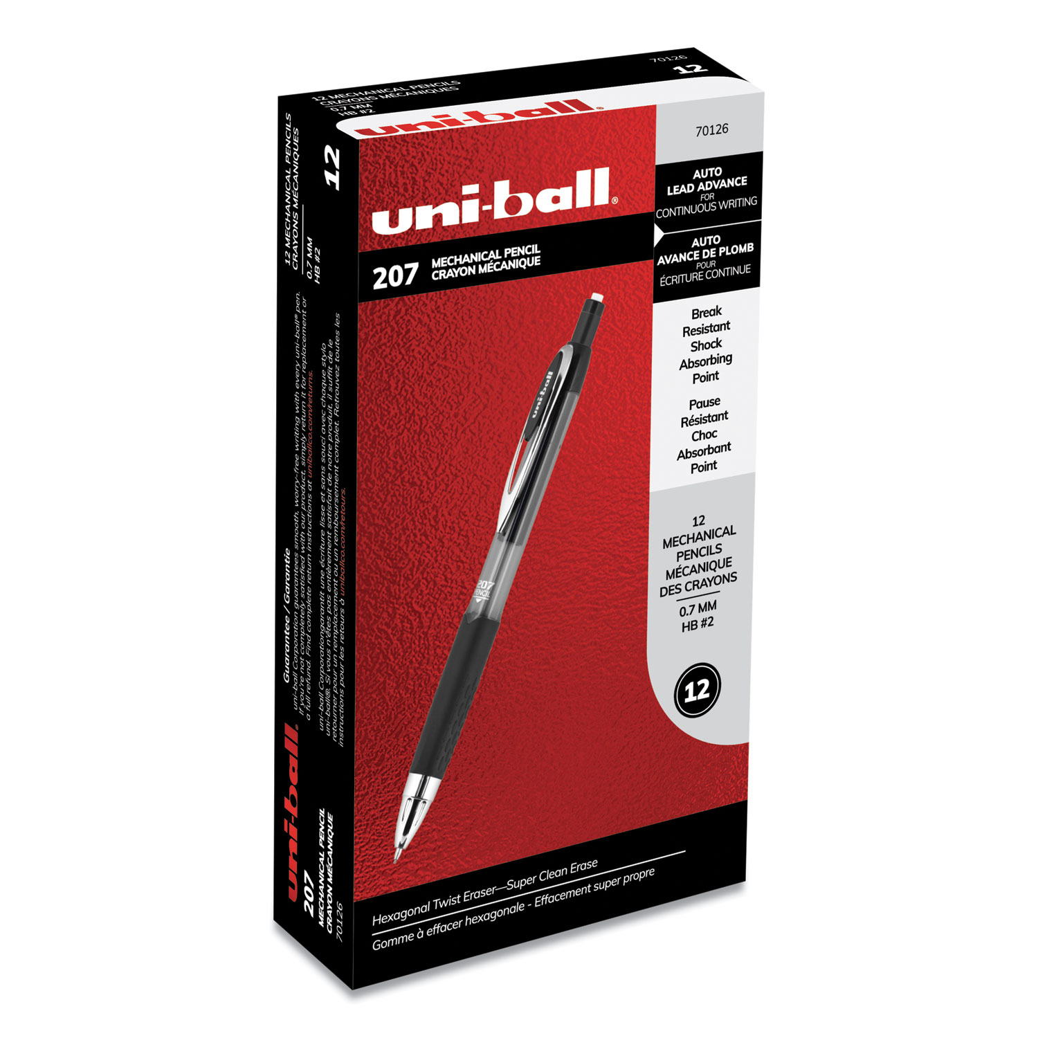  uni-ball 70126 207 Mechanical Pencil, 0.7 mm, HB (#2), Black Lead, Black Barrel, Dozen (UBC70126) 