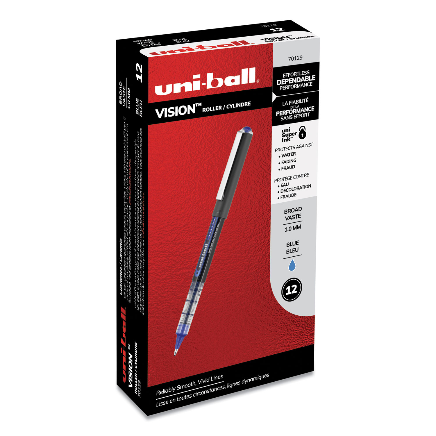uni-ball® VISION Roller Ball Pen, Bold 1 mm, Blue Ink, Black/Blue Barrel, Dozen