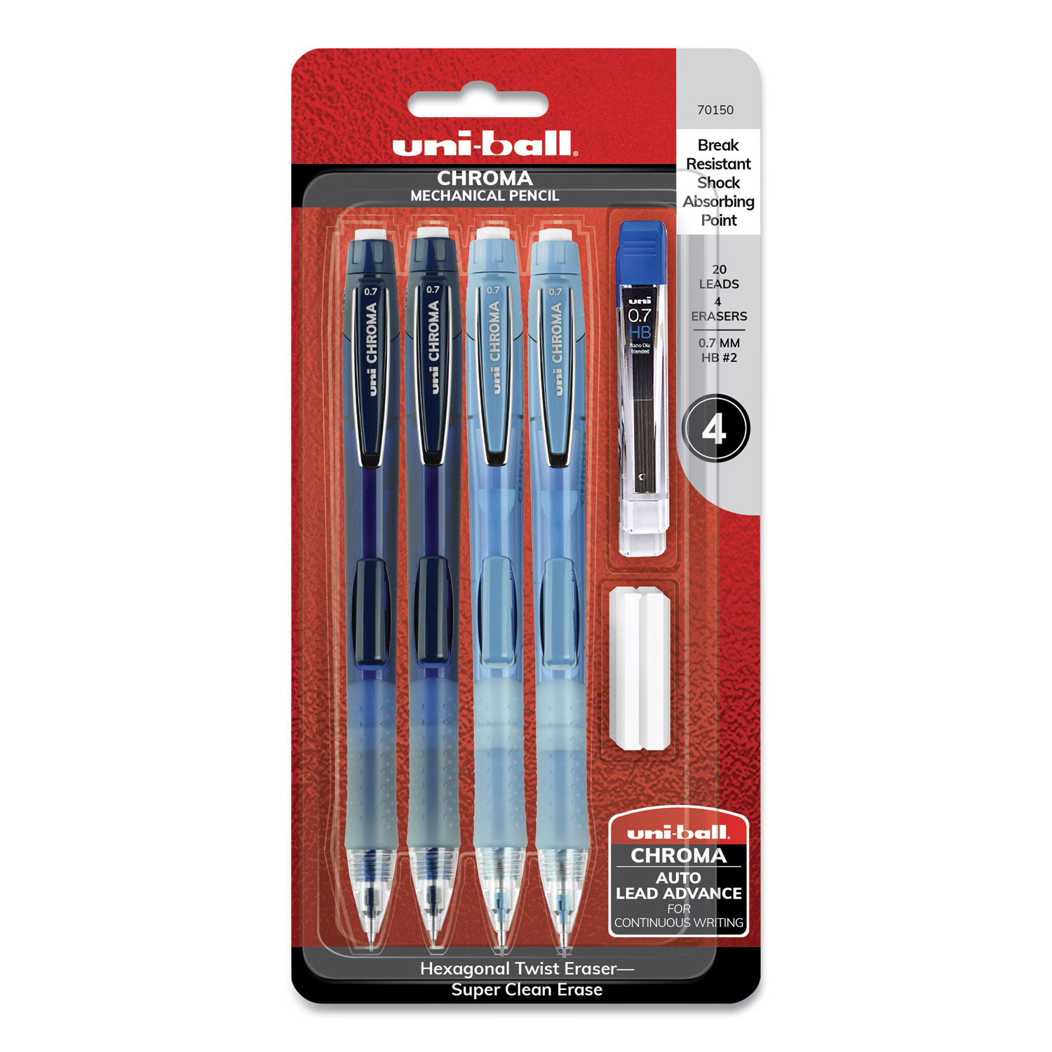  uni-ball 70150 Chroma Mechanical Pencil woth Leasd and Eraser Refills, 0.7 mm, HB (#2), Black Lead, Assorted Barrel Colors, 4/Set (UBC70150) 