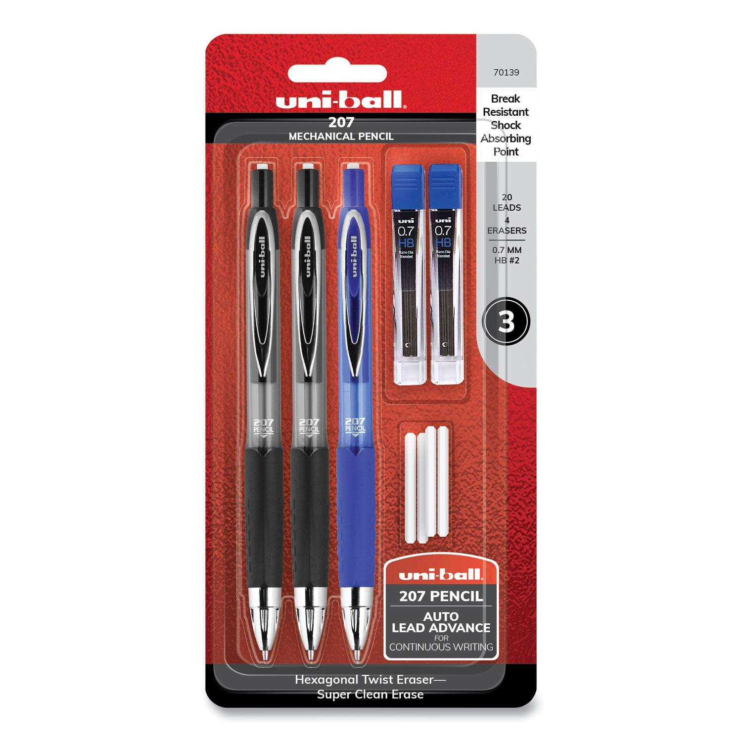  uni-ball 70139 207 Mechanical Pencil with Lead and Eraser Refills, 0.7 mm, HB (#2), Black Lead, Assorted Barrel Colors, 3/Set (UBC70139) 