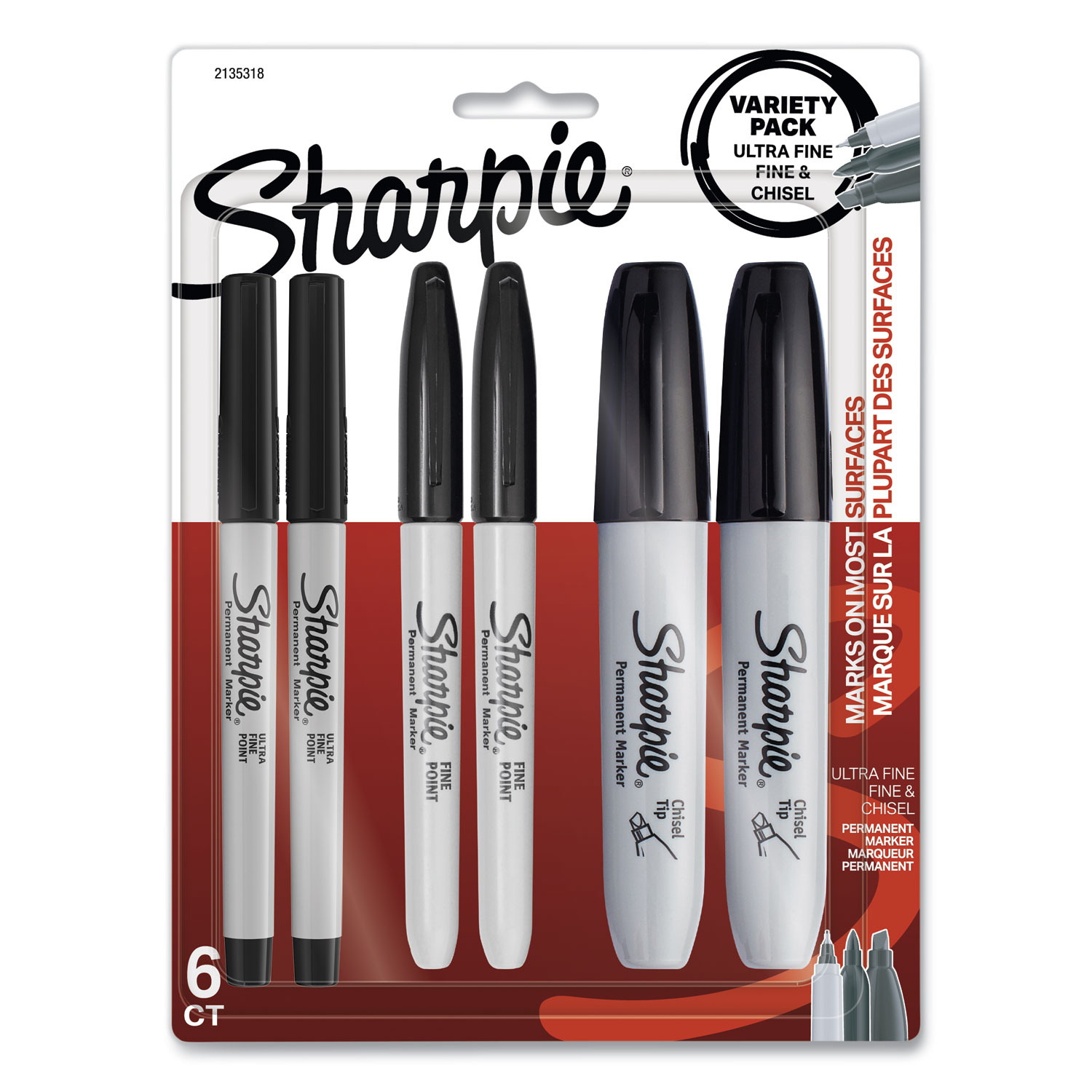 Sharpie® Mixed Point Size Permanent Markers, Assorted Tips, Black, 6/Pack