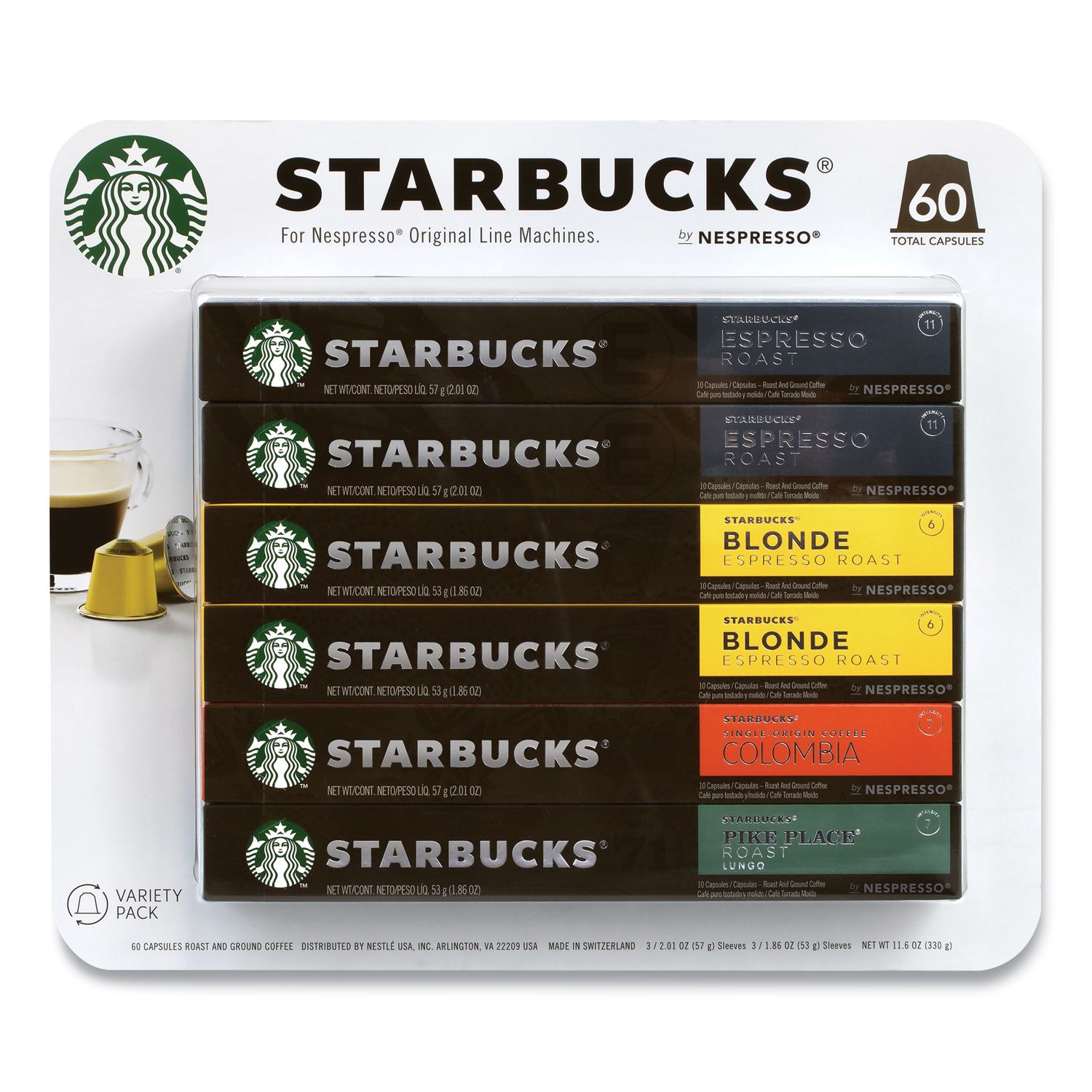  Starbucks By NESPRESSO 51529 Pods Variety Pack, Blonde Espresso/Colombia/Espresso/Pikes Place, 60 Pods/Pack, Free Delivery in 1-4 Business Days (GRR22001153) 