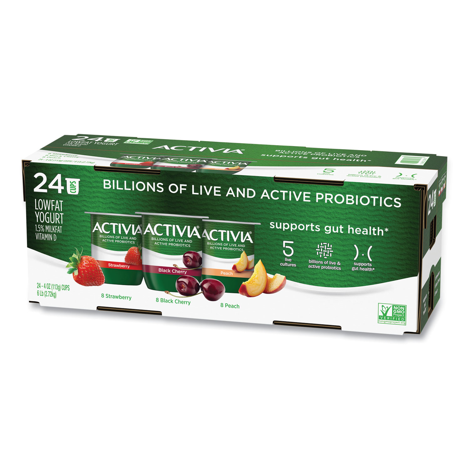 Activia® Probiotic Lowfat Yogurt, 4 oz Cups, Black Cherry/Peach/Strawberry, 24/Pack, Free Delivery in 1-4 Business Days