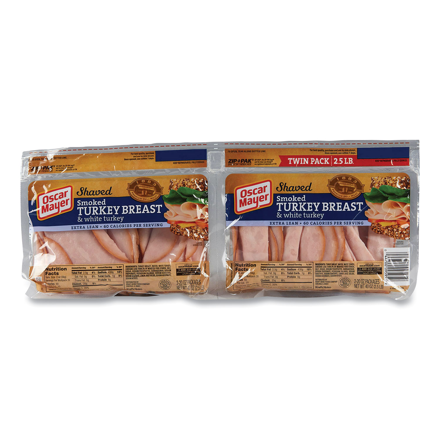  Oscar Mayer 09595 Shaved Smoked Turkey Breast and White Turkey, 20 oz Bag, 2/Pack, Free Delivery in 1-4 Business Days (GRR90200479) 