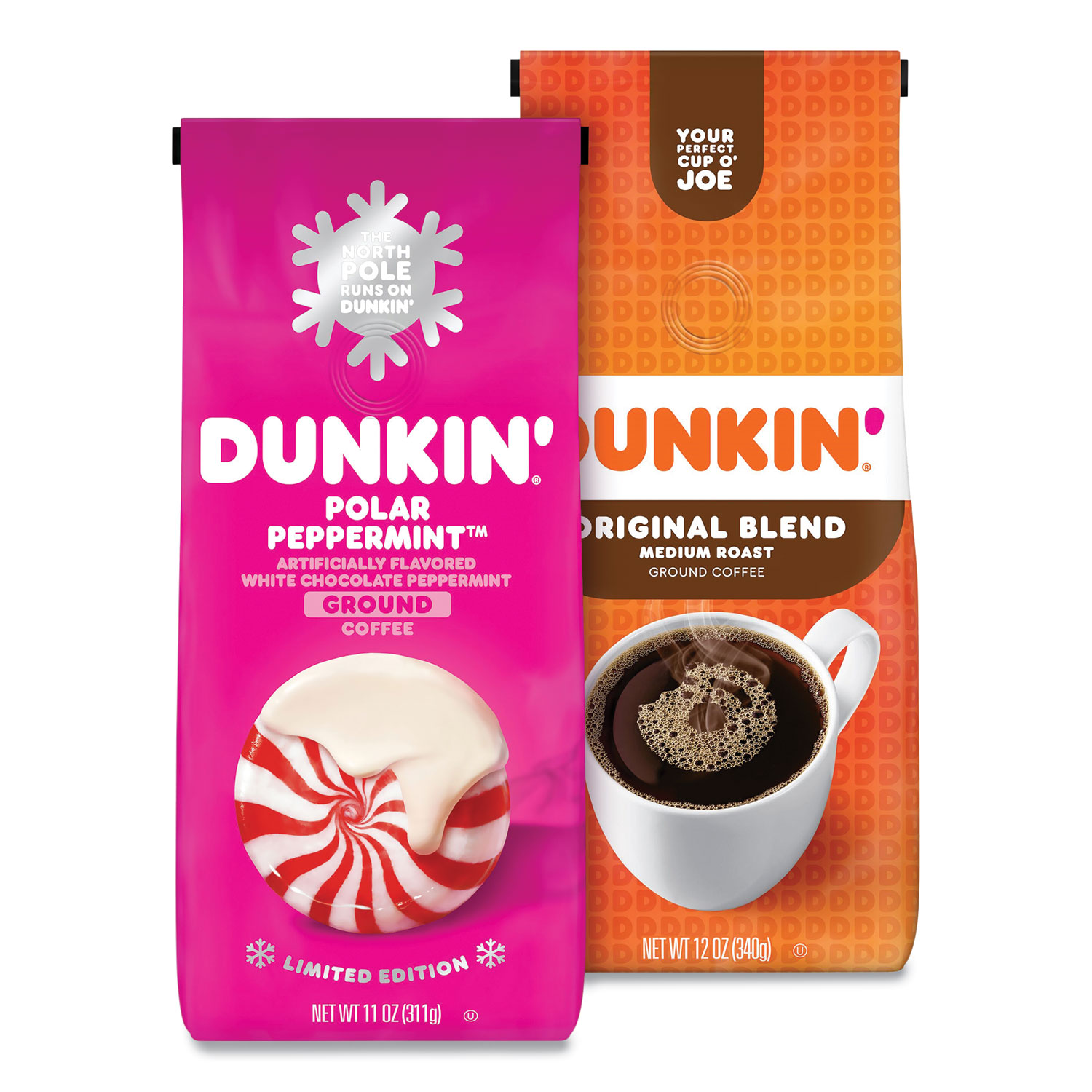  Dunkin Donuts 307-00308 Original Blend Coffee, Dunkin Original/Polar Peppermint, 12 oz/11 oz Bag, 2/Pack, Free Delivery in 1-4 Business Days (GRR30700308) 