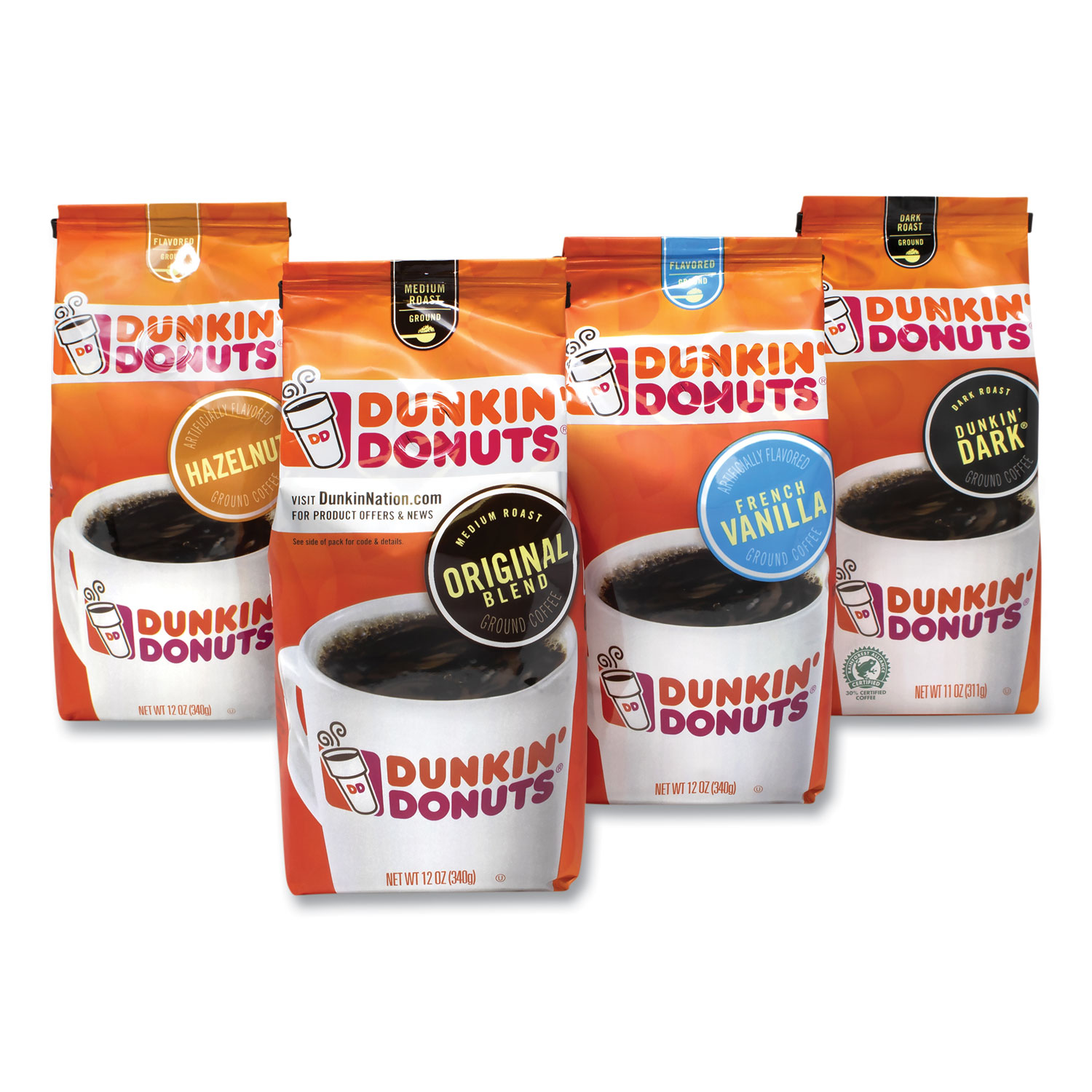  Dunkin Donuts 307-00303 Original Blend Coffee,Dark Roast/Original/French Vanilla/Hazelnut, 12oz/11oz, 4/Pack, Free Delivery in 1-4 Business Days (GRR30700303) 