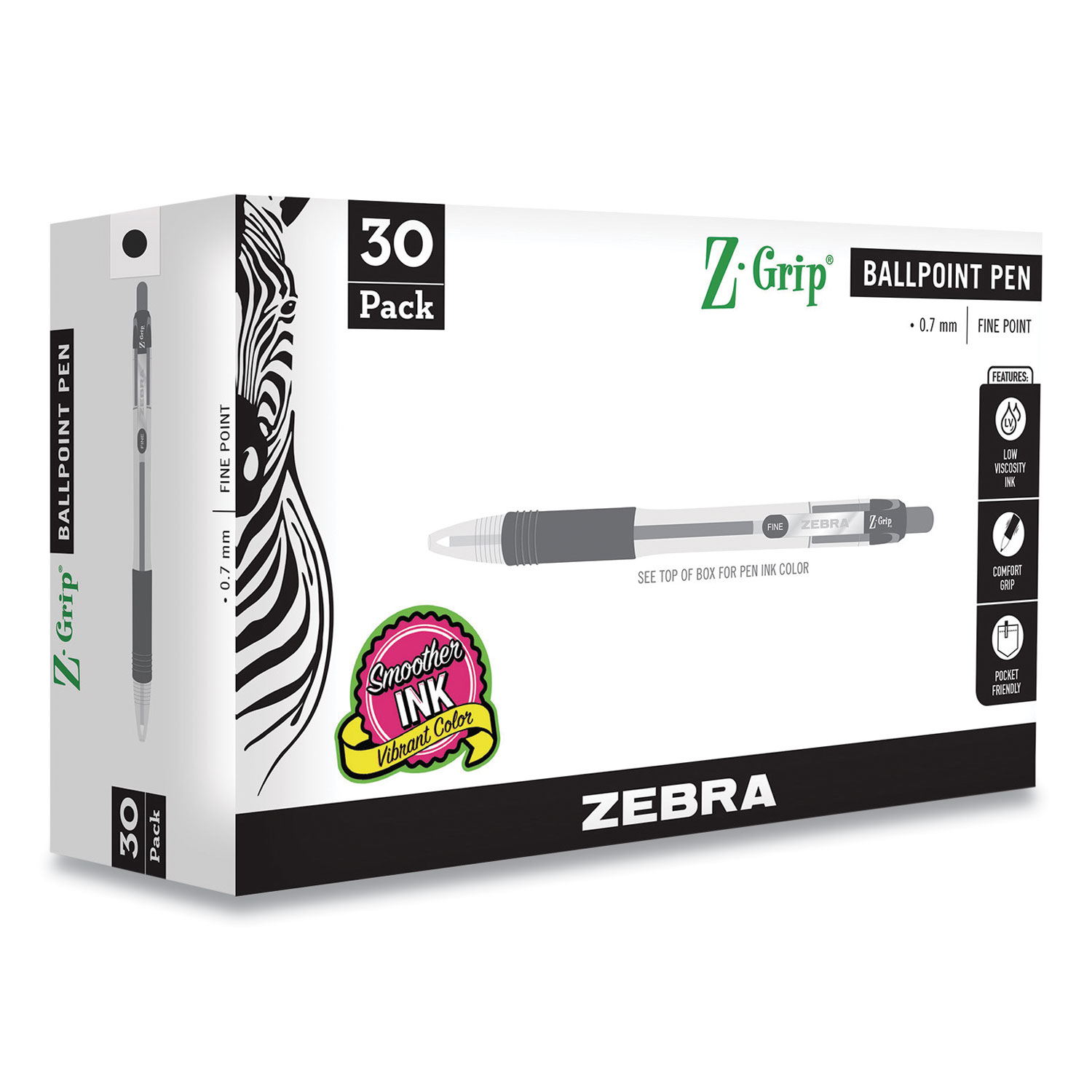 Zebra® Z-Grip Retractable Ballpoint Pen, Medium 0.7 mm, Black Ink, Black Tinted Barrel, 30/Pack