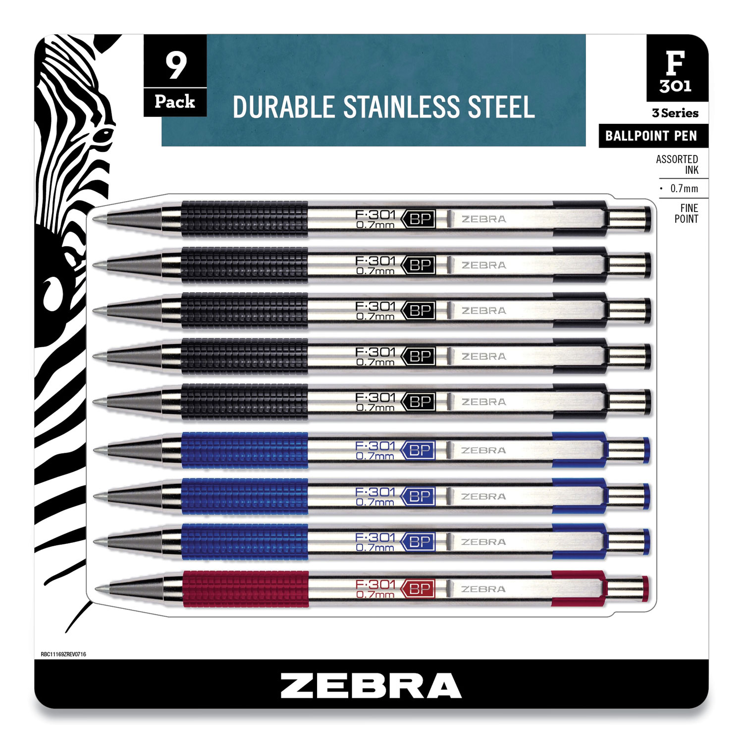 Zebra® F-301 Retractable Ballpoint Pen, 0.7 mm, Assorted Ink, Assorted Barrel, 9/Pack