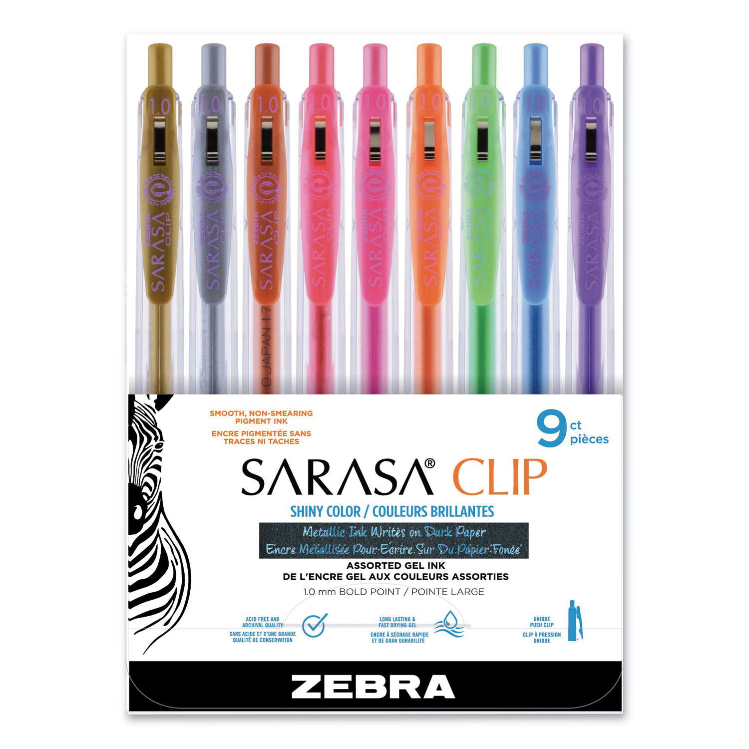 Zebra® Sarasa Clip Gel Retractable, Bold 1 mm, Assorted Ink, Assorted Barrel, 9/Pack