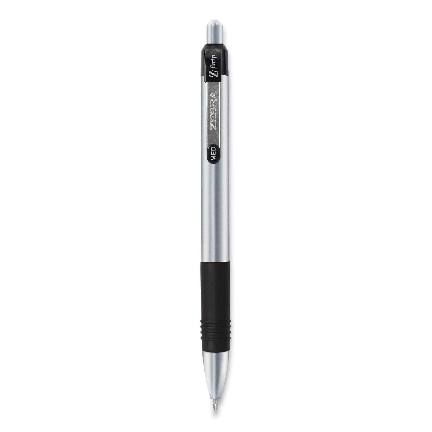 Zebra® Z-Grip Metal Retractable Ballpoint Pen, Medium 1 mm, Black Ink, Silver Barrel, Dozen