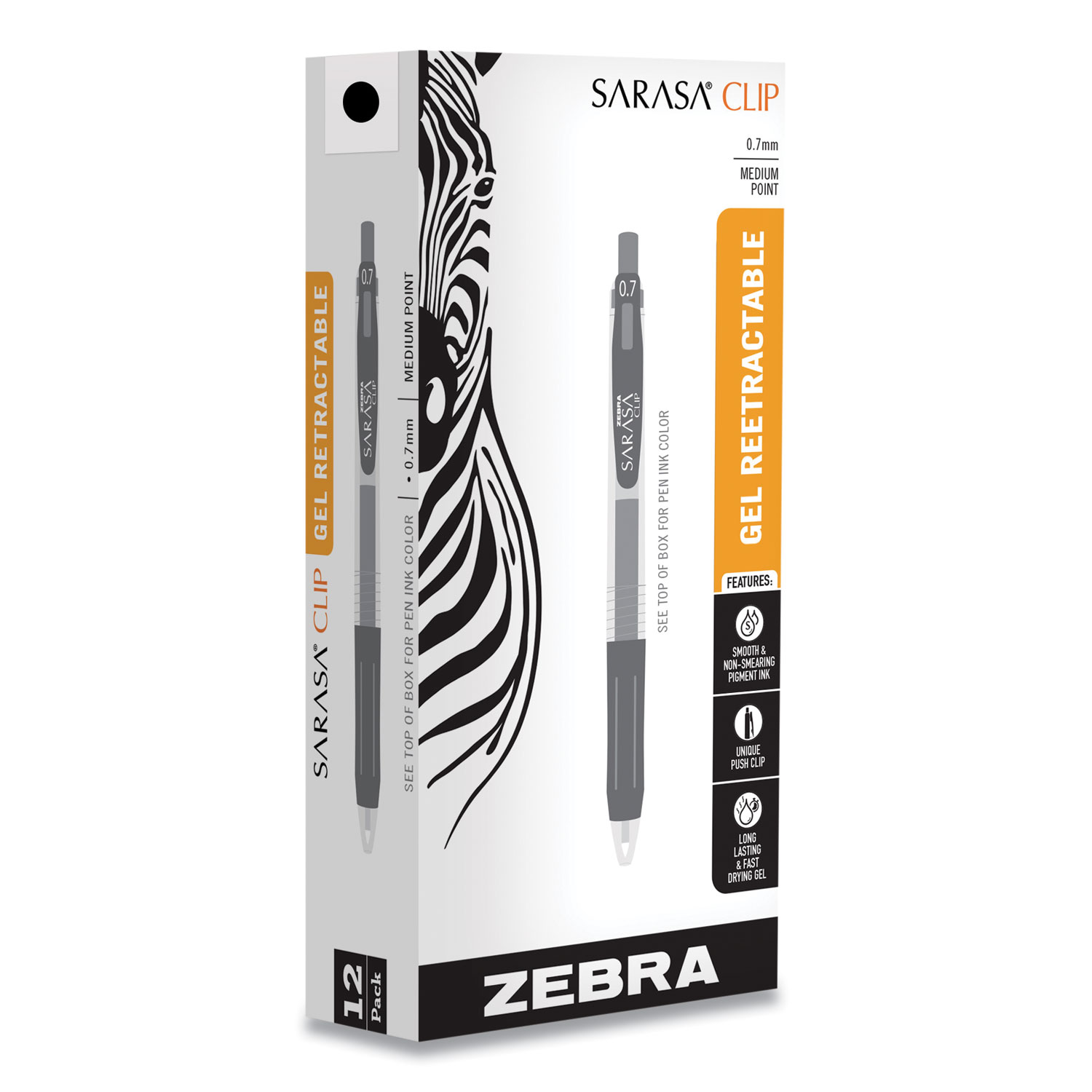Zebra® Sarasa Clip Gel Retractable, Medium 0.7 mm, Black Ink, Clear Barrel, Dozen