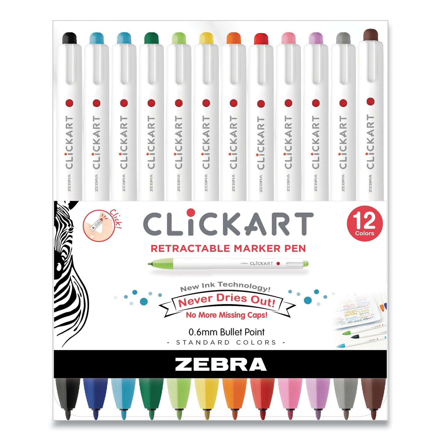 Zebra® ClickArt Retractable Marker Pen, Fine 0.6 mm, Assorted Ink, White Barrel, 12/Pack