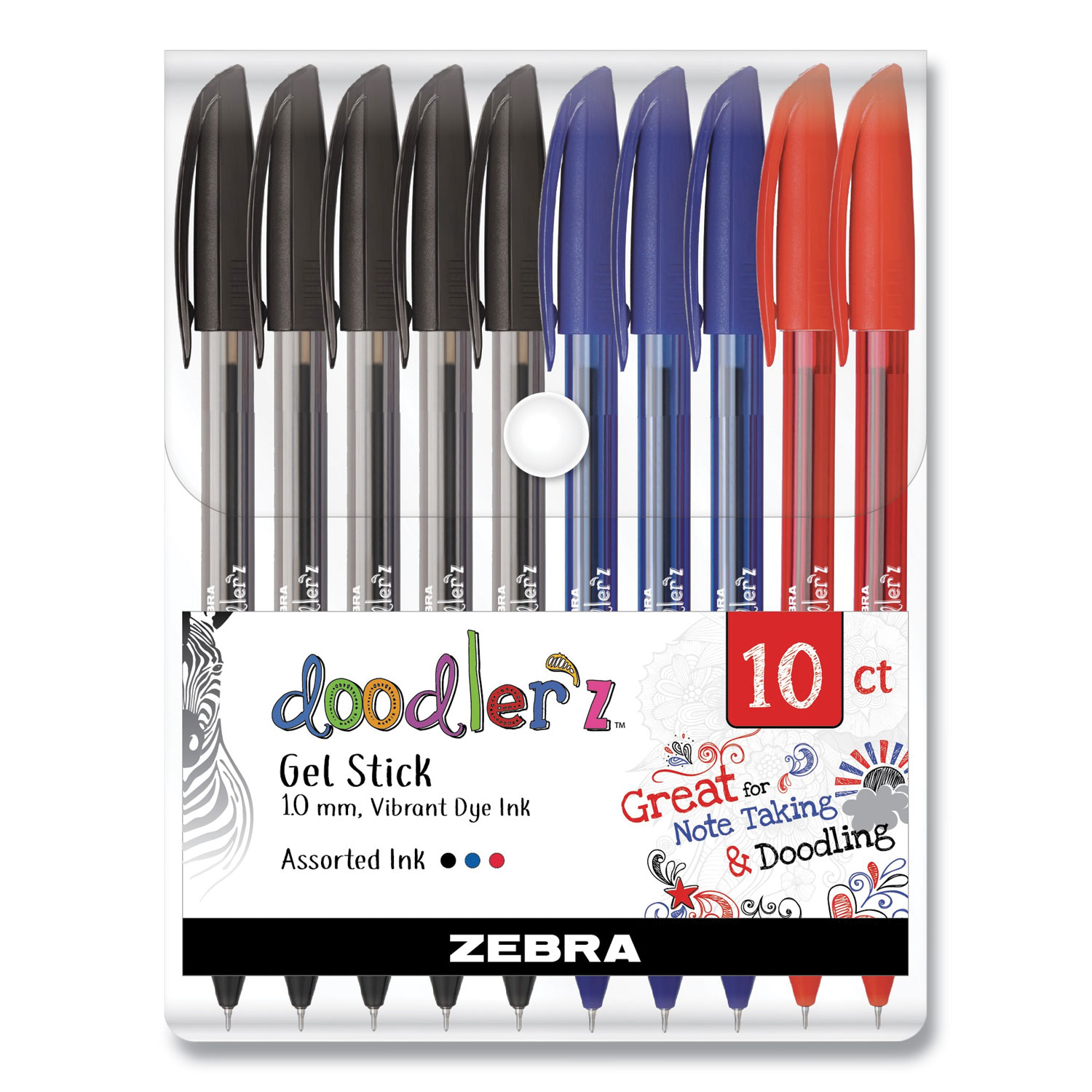 Zebra® Doodlerz Gel Stick Pen, Bold 1 mm, Assorted Ink, Assorted Barrels, 10/Pack