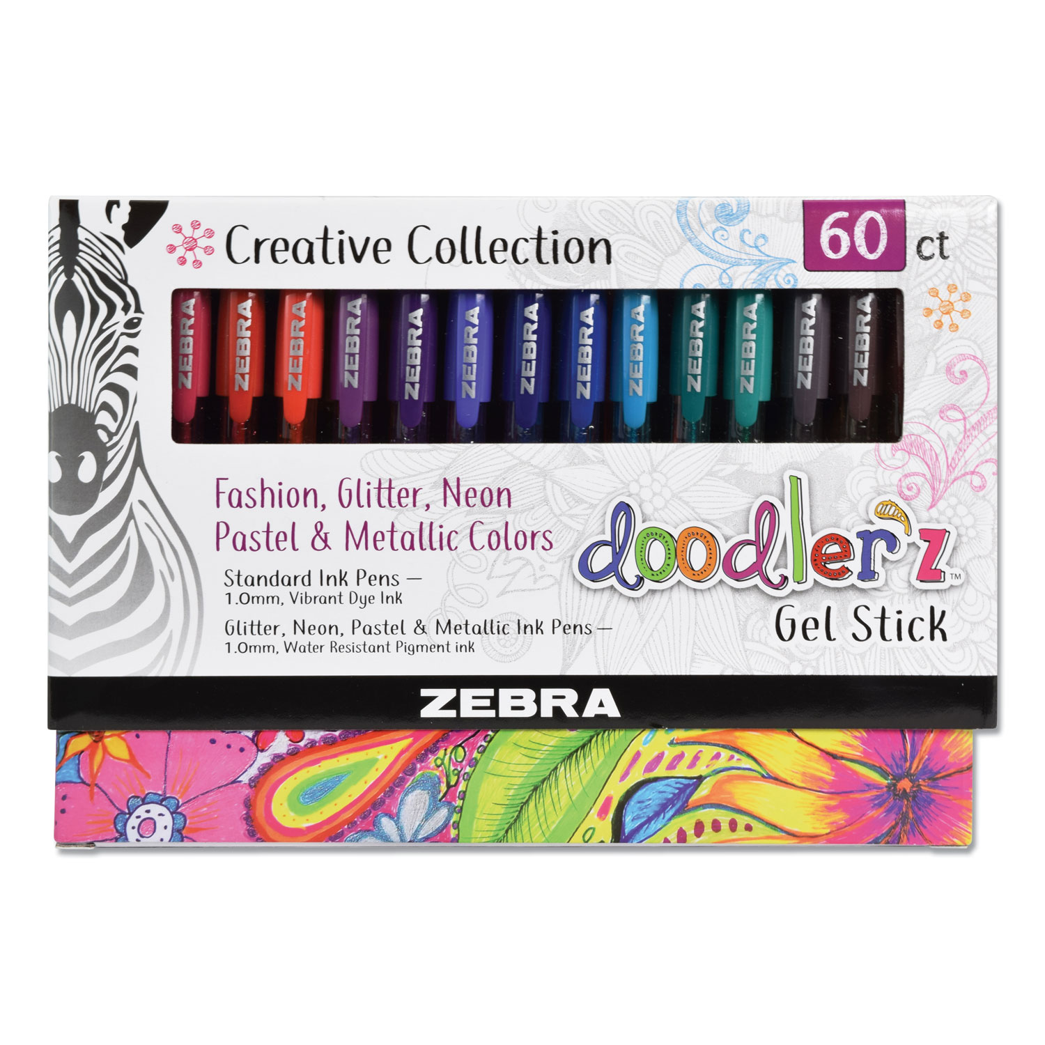 Zebra® Doodlerz Gel Stick Pen, Bold 1 mm, Assorted Ink, Assorted Barrels, 60/Pack