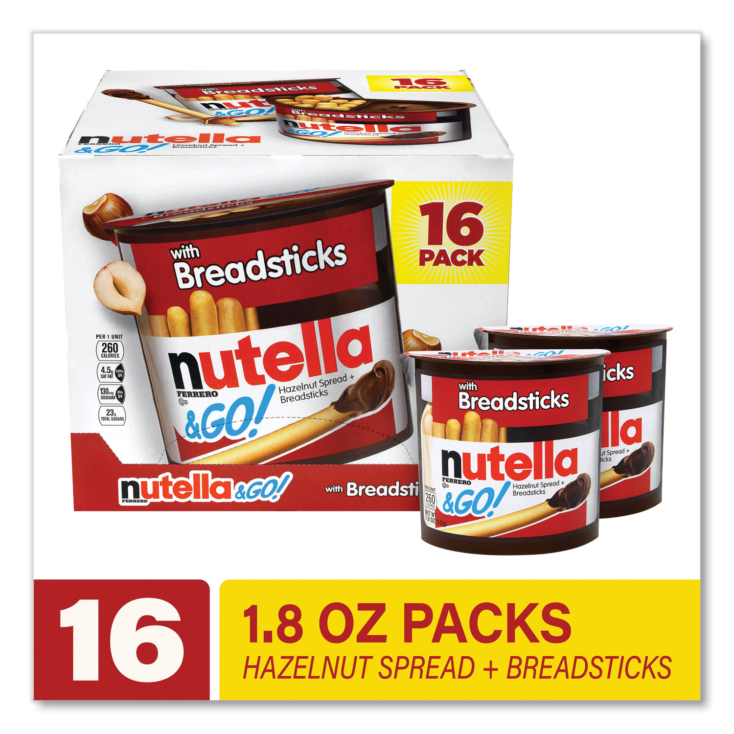  Nutella 19779 Hazelnut Spread and Breadsticks, 1.8 oz Single-Serve Tub, 16/Pack, Free Delivery in 1-4 Business Days (GRR22001135) 