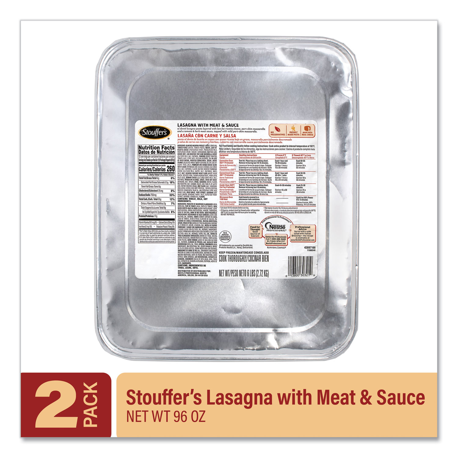  Stouffer's NES30321 Lasagna with Meat and Sauce, 96 oz Tray, 2/Pack, Free Delivery in 1-4 Business Days (GRR90300185) 