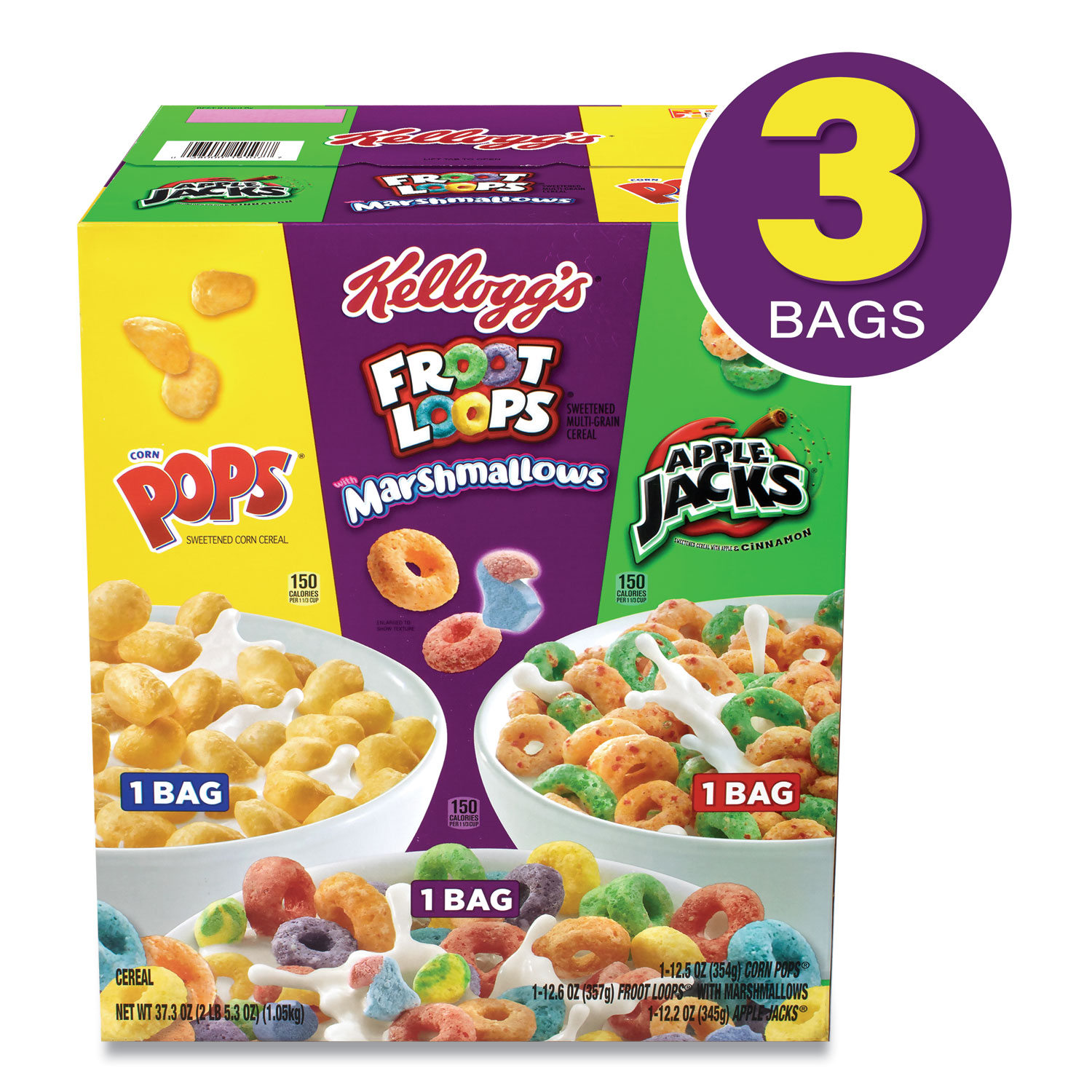  Kellogg's 05468 Breakfast Cereal Variety Pack, 12.2 oz Apple Jacks/12.5 oz Corn Pops/12.6 oz Fruit Loops, Free Delivery in 1-4 Business Days (GRR22001114) 