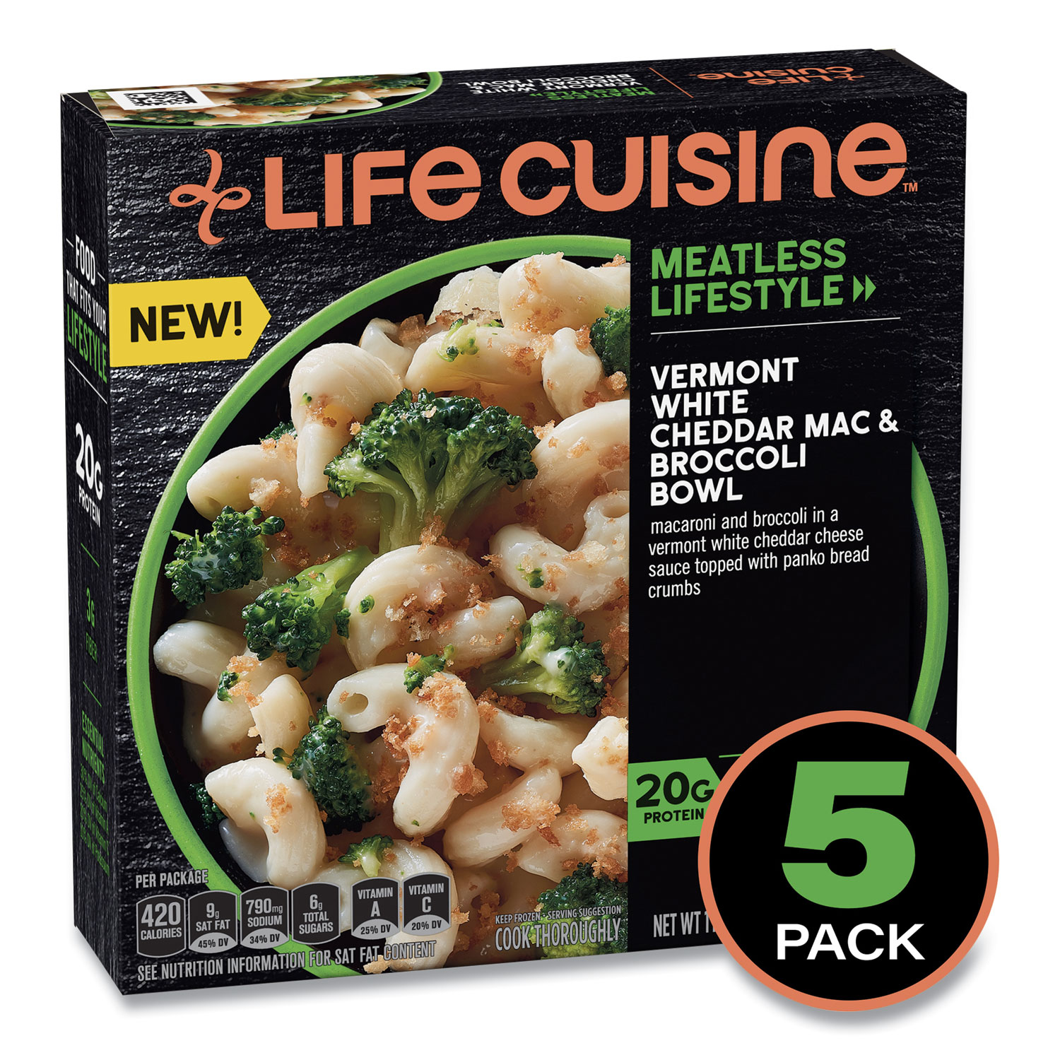  Life Cuisine 12425472 Meatless Lifestyle Vermont White Cheddar Mac and Broccoli Bowl, 11 oz Bowl, 5/Pack, Free Delivery in 1-4 Business Days (GRR90300202) 