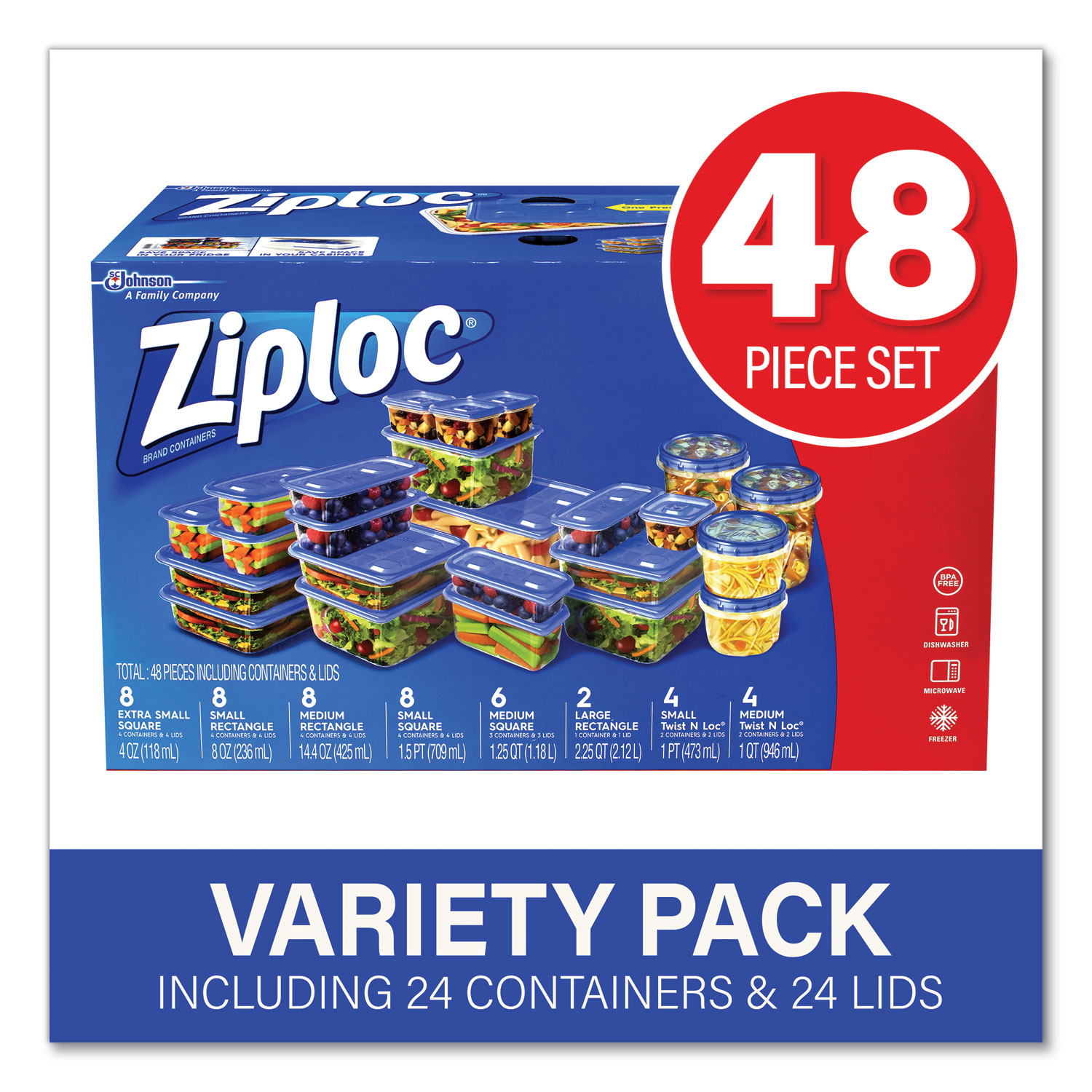  Ziploc 08358 48-Piece Plastic Containers with Lids Variety Pack, Assorted Sizes, Clear Base/Blue Lid, Free Delivery in 1-4 Business Days (GRR22001167) 