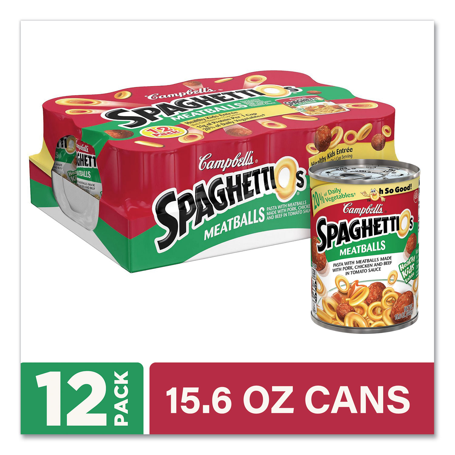  SpaghettiO's 15275 Canned Pasta with Meatballs, 15.6 oz Can, 12/Pack, Free Delivery in 1-4 Business Days (GRR22001151) 