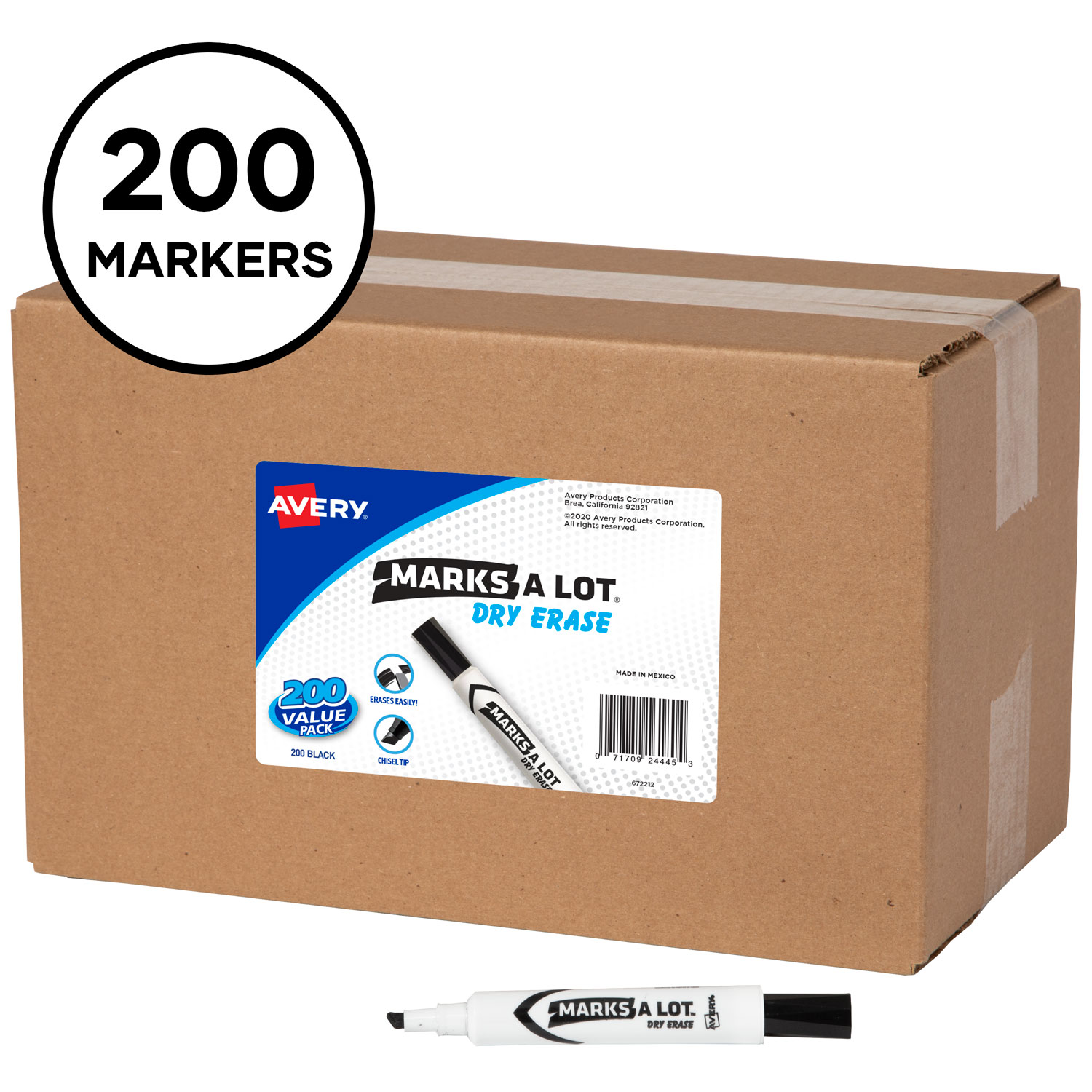  Avery 24445 MARKS A LOT Desk-Style Dry Erase Marker, Broad Chisel Tip, Black, 200/Box (AVE24445) 