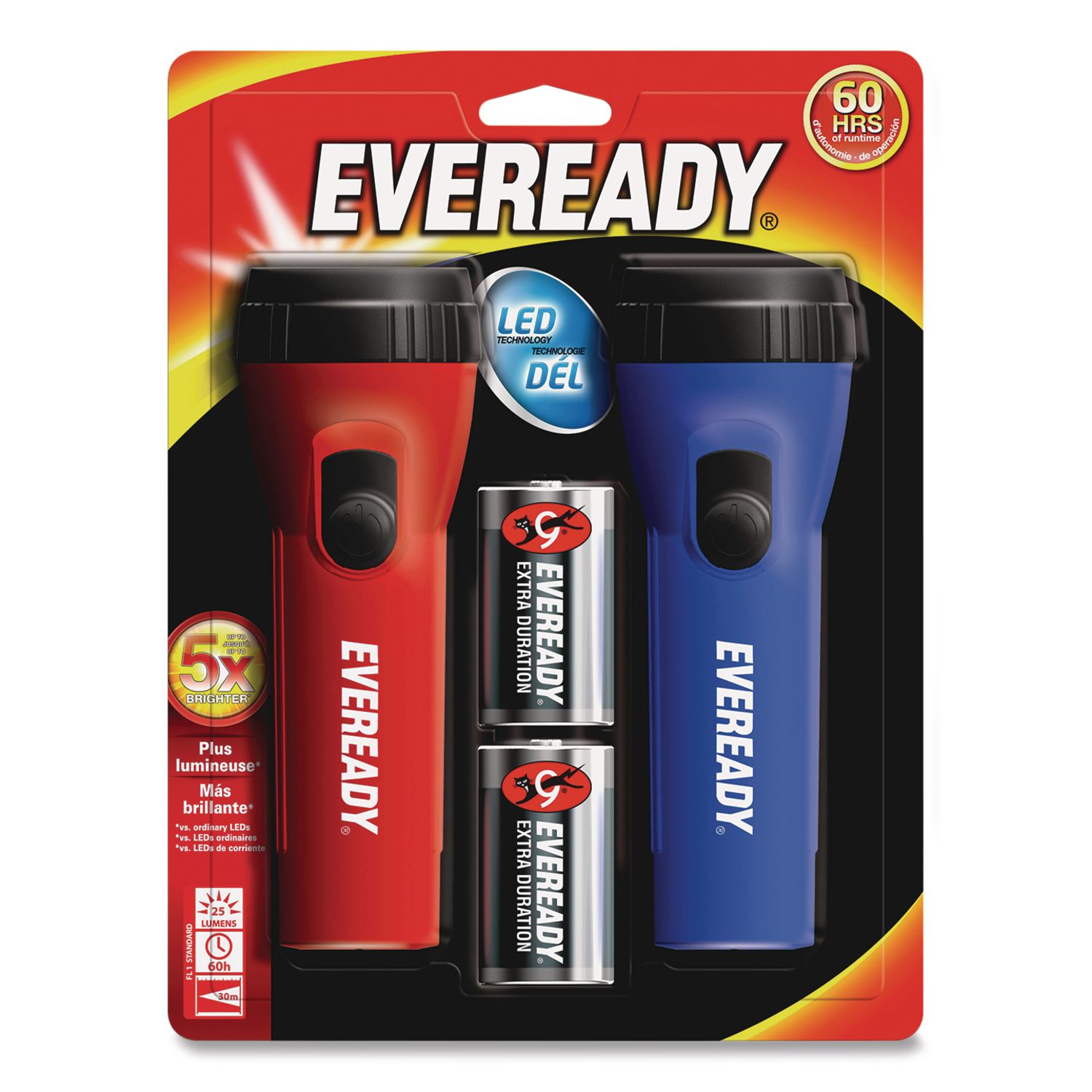 LED Economy Flashlight, 2 D Batteries (Included), Red/Blue, 2/Pack
