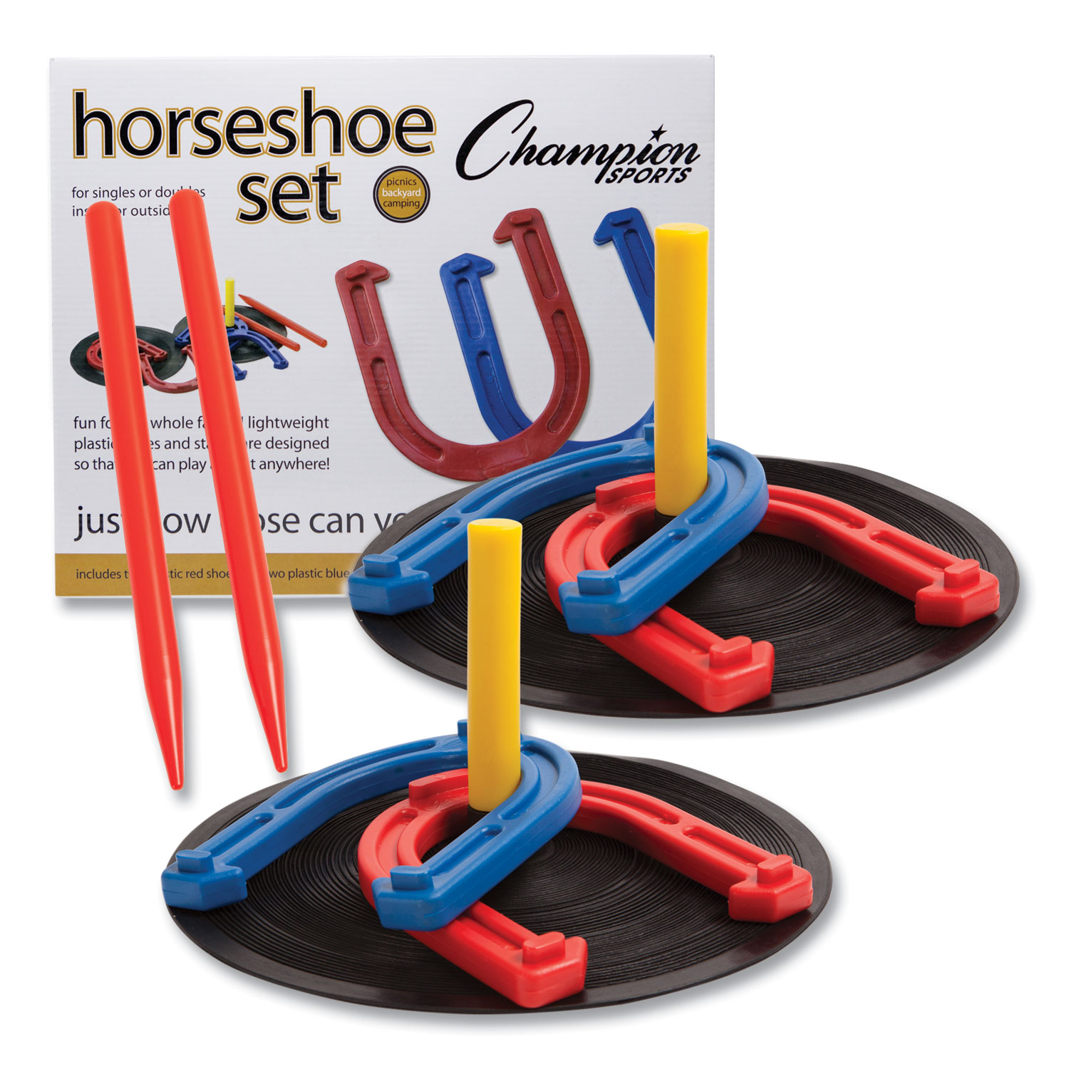 Indoor/Outdoor Rubber Horseshoe Set, 4 Rubber Horseshoes, 2 Rubber Mats