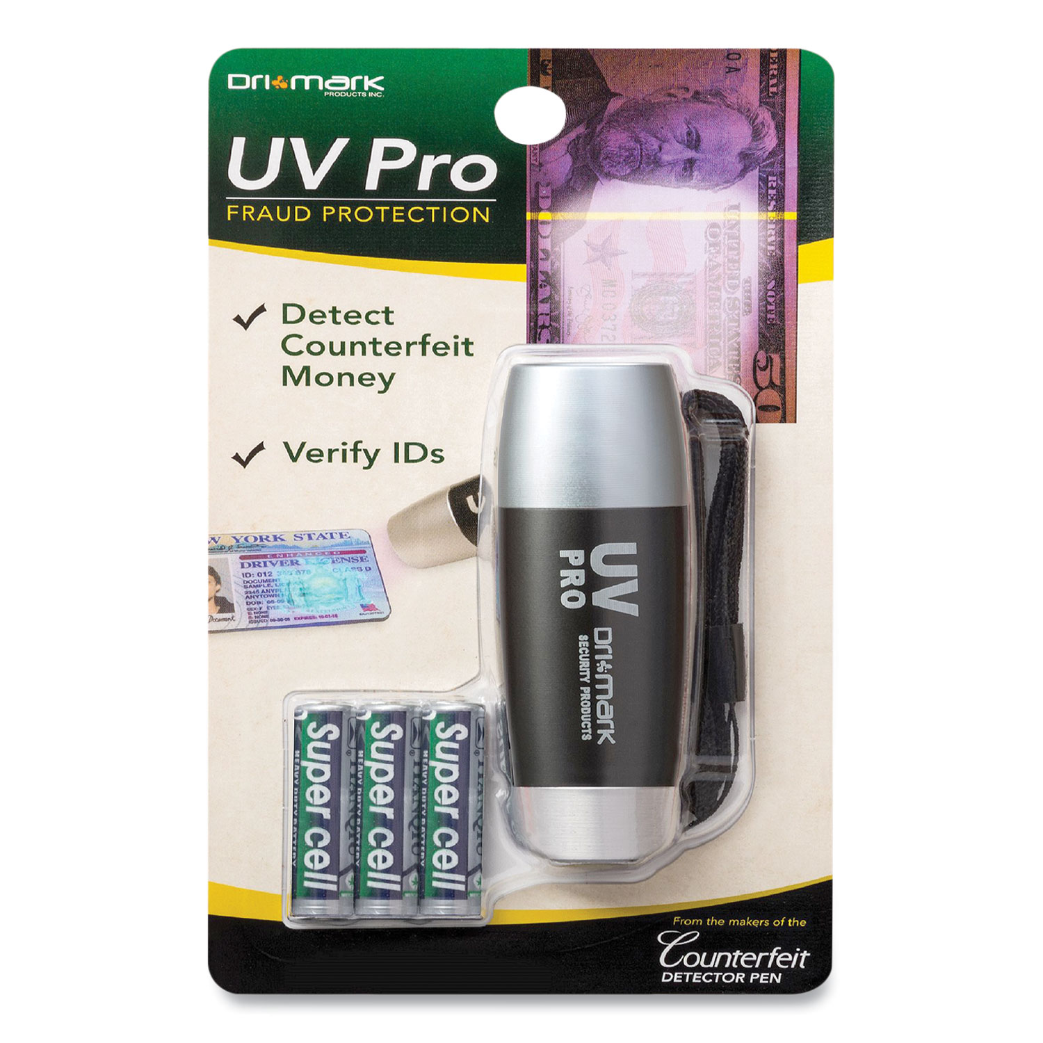  Dri-Mark UVPROPLUS-B UV Pro Ultraviolet Counterfeit Detector with Batteries, Black/Silver (DRI2115943) 