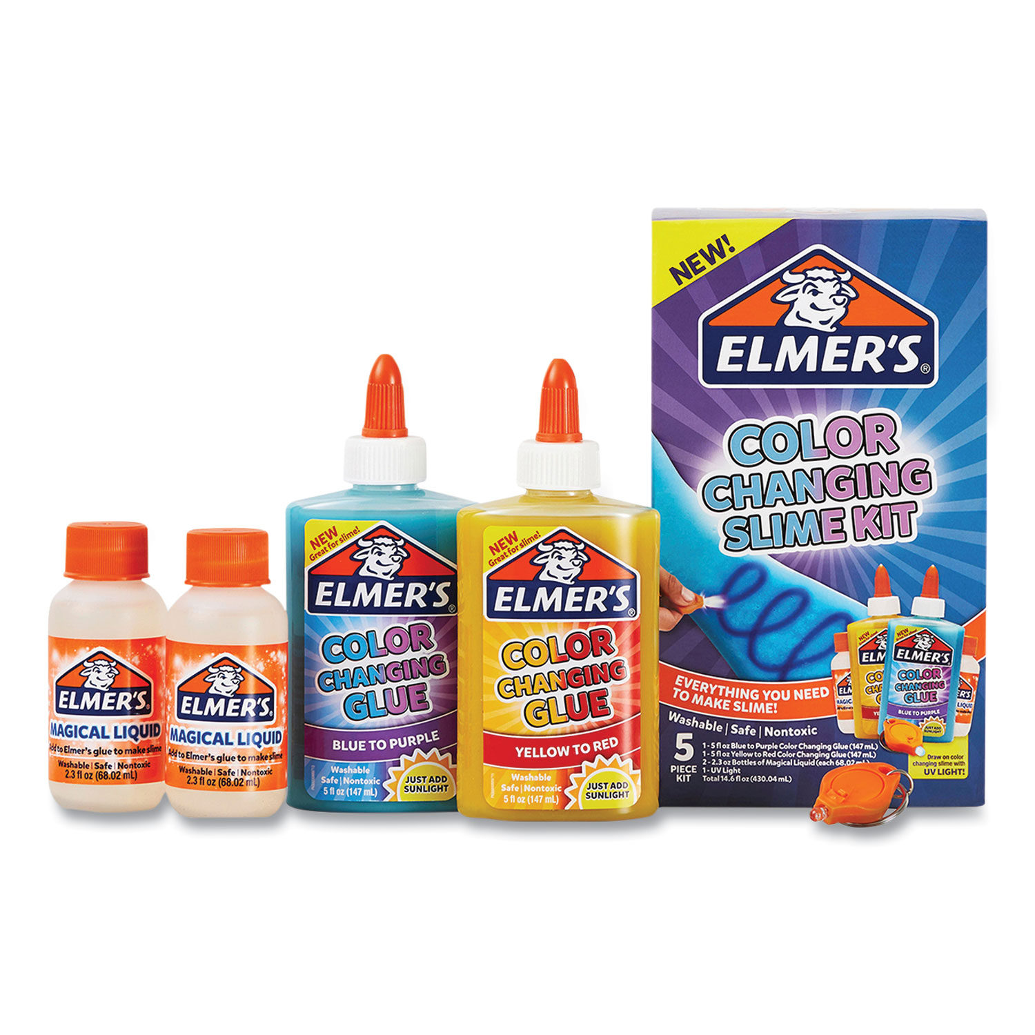 Elmers® Color Changing Slime Kit, (2) 5 oz Glues, Dries Purple and Red, (2) 2.3 oz Slime Activators, (1) UV Light
