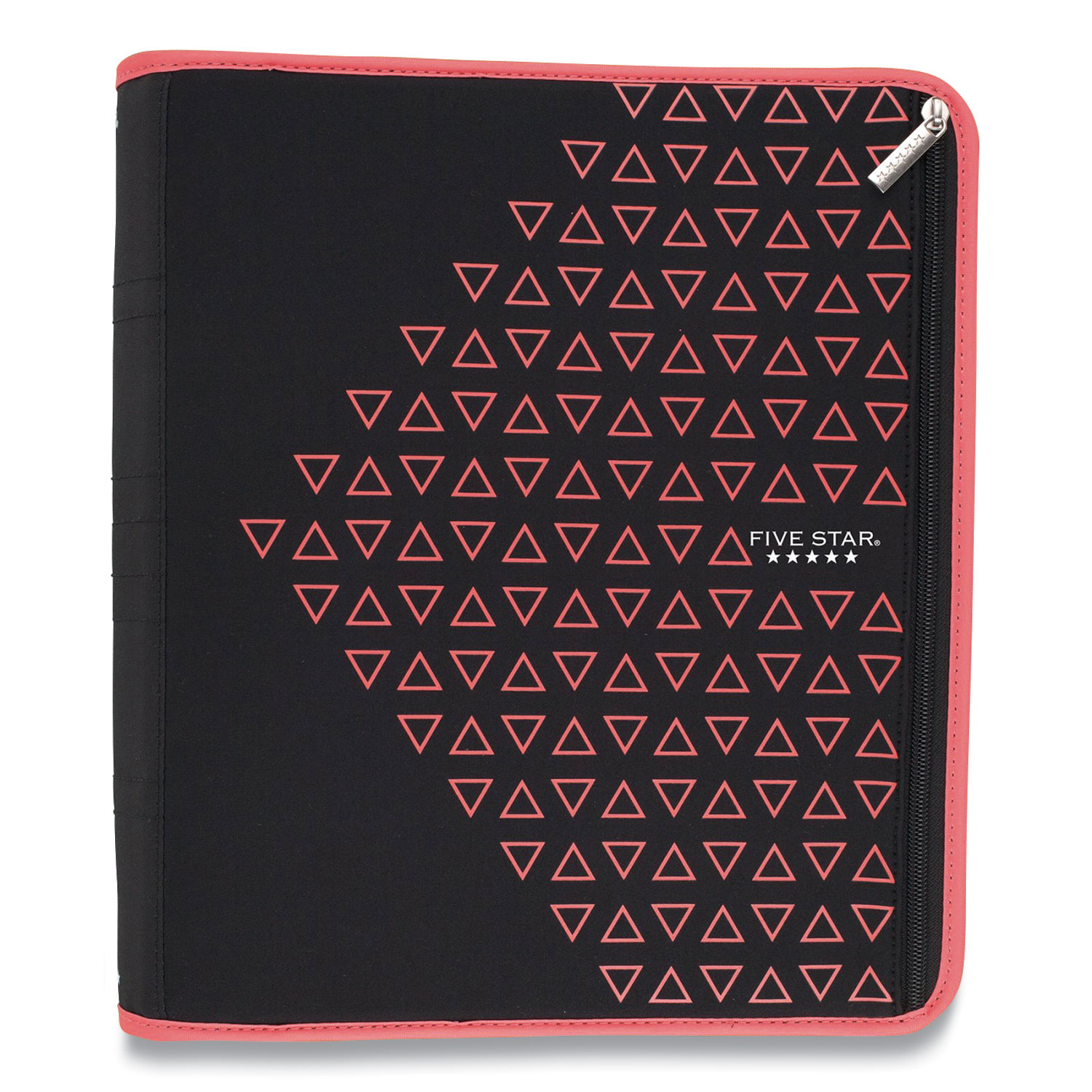 Five Star® Zipper Binder, 3 Rings, 2 Capacity, 11 x 8.5, Black/Coral Triangles Design