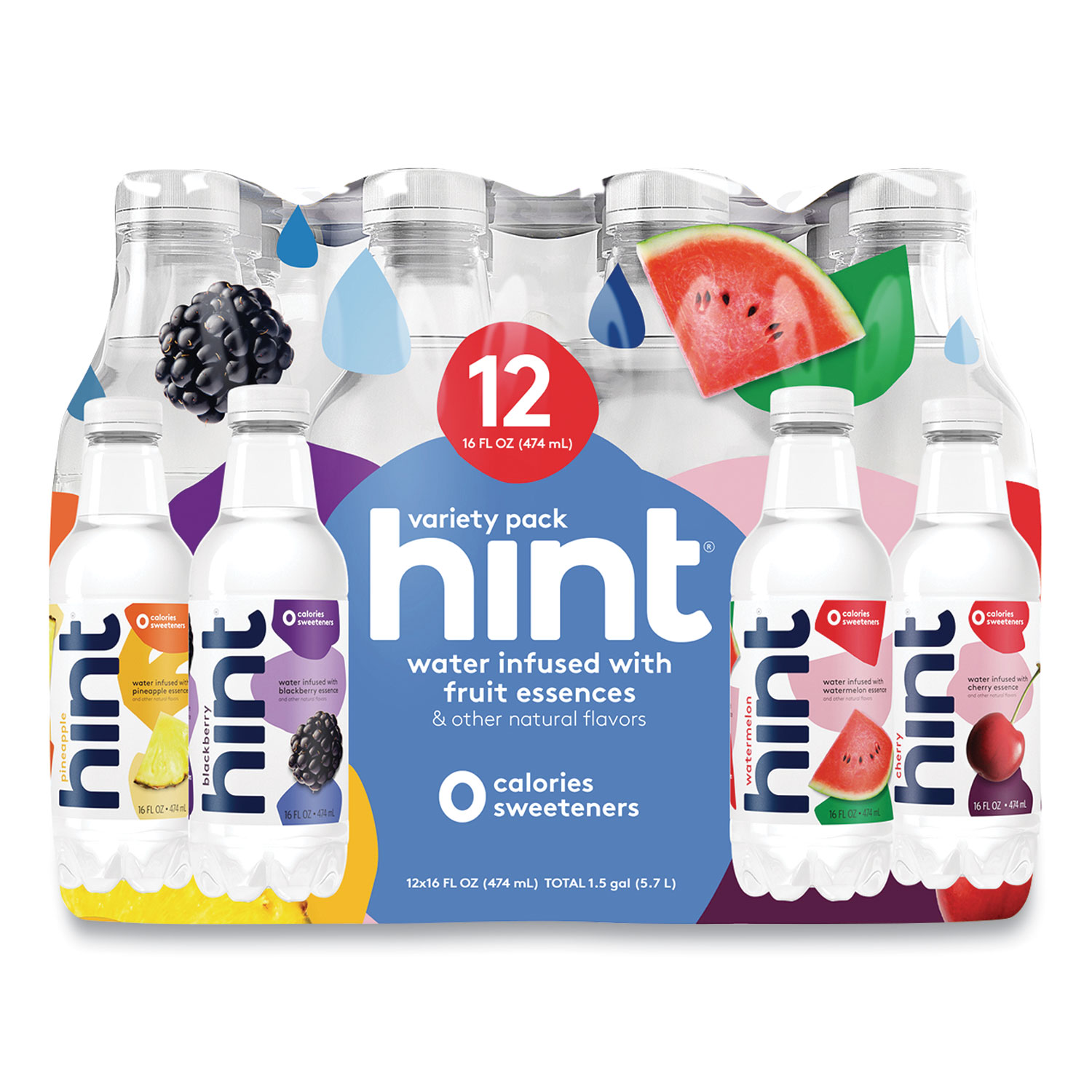  hint HNT00149 Flavored Water Variety Pack, 3 Blackberry, 3 Cherry, 3 Pineapple, 3 Watermelon, 16 oz Bottle, 12 Bottles/Carton (HIN24424151) 