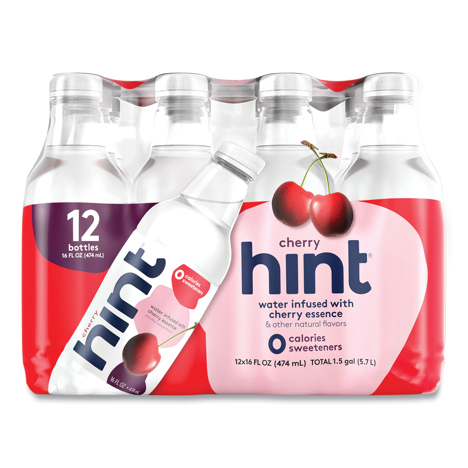 hint® Flavored Water, Cherry, 16 oz Bottle, 12 Bottles/Carton