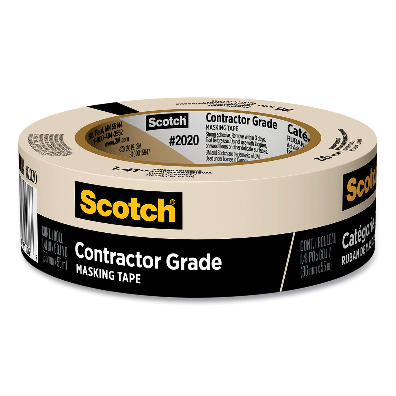 Scotch® Contractor Grade Masking Tape, 3 Core, 1.41 x 60 yds, Tan