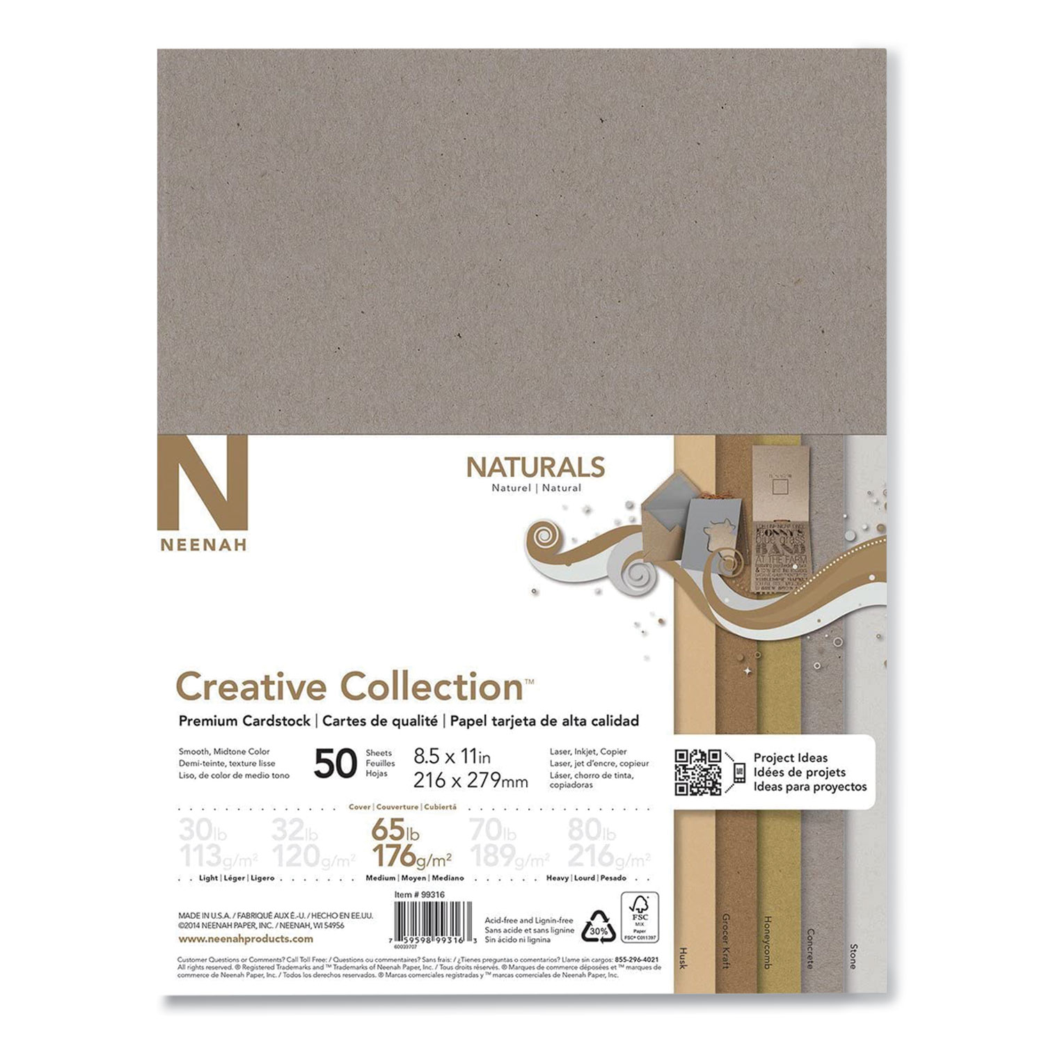 Neenah Paper Creative Collection Premium Cardstock, 65 lb, 8.5 x 11, Assorted Naturals, 50/Pack