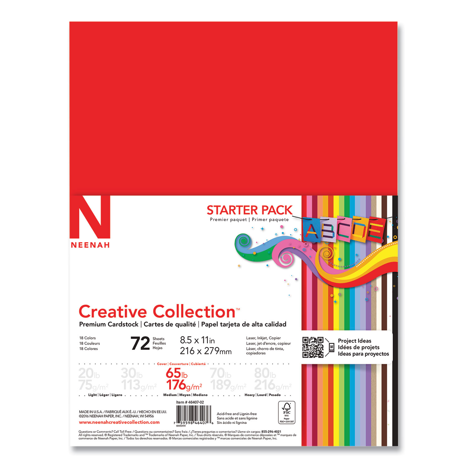 Neenah Paper Creative Collection Premium Cardstock, 65 lb, 8.5 x 11, Assorted Starter Pack, 72/Pack