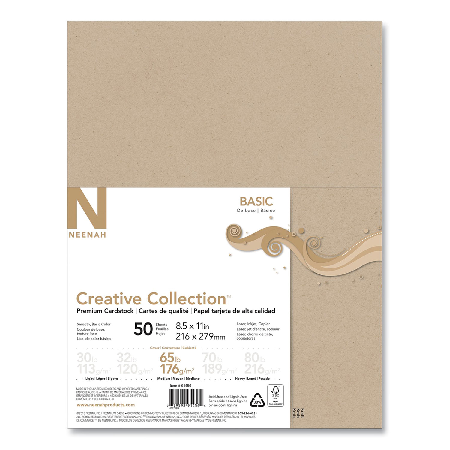  Neenah Paper 91456 Creative Collection Premium Cardstock, 65 lb, 8.5 x 11, Tan, 50/Pack (NEE24374453) 