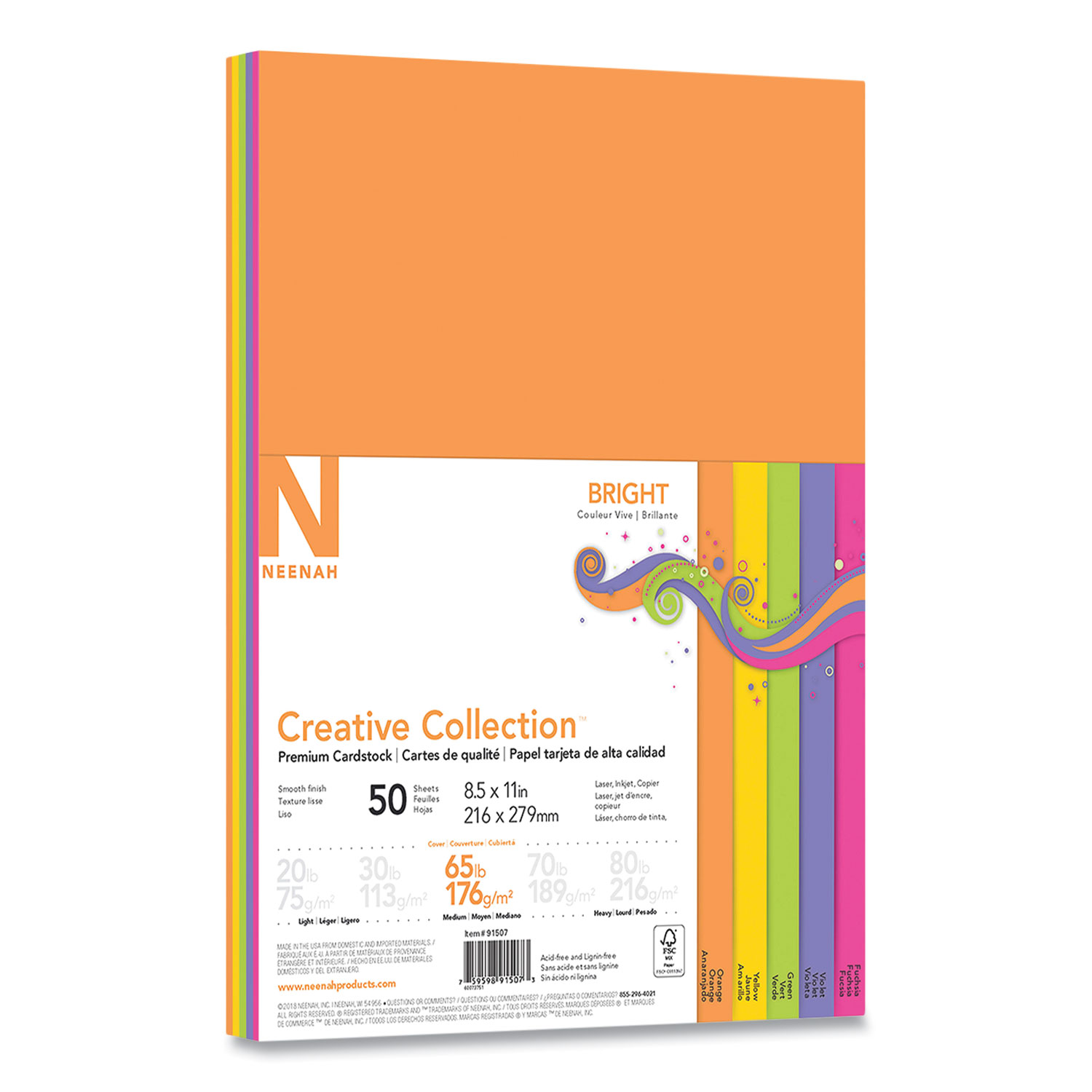 Neenah Paper Creative Collection Premium Cardstock, 65 lb, 8.5 x 11, Assorted Bright, 50/Pack